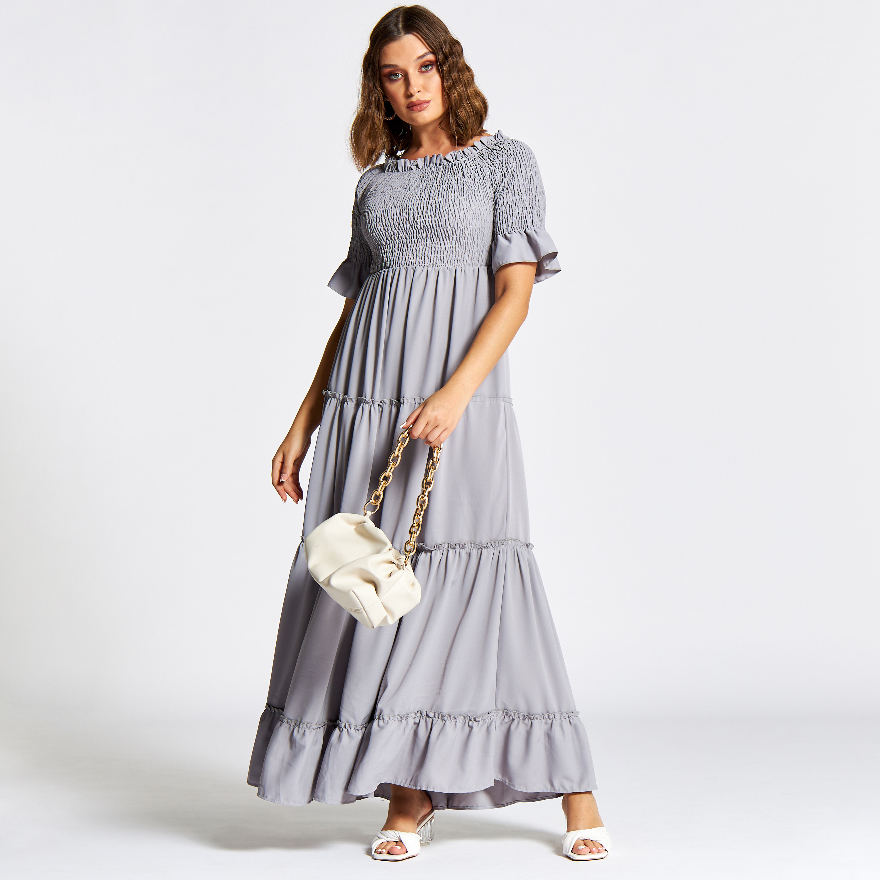 Nukhbaa Solid Tiered Jalabiya with Shirred Detail-women-arabicclothing-jalabiyas-image-1