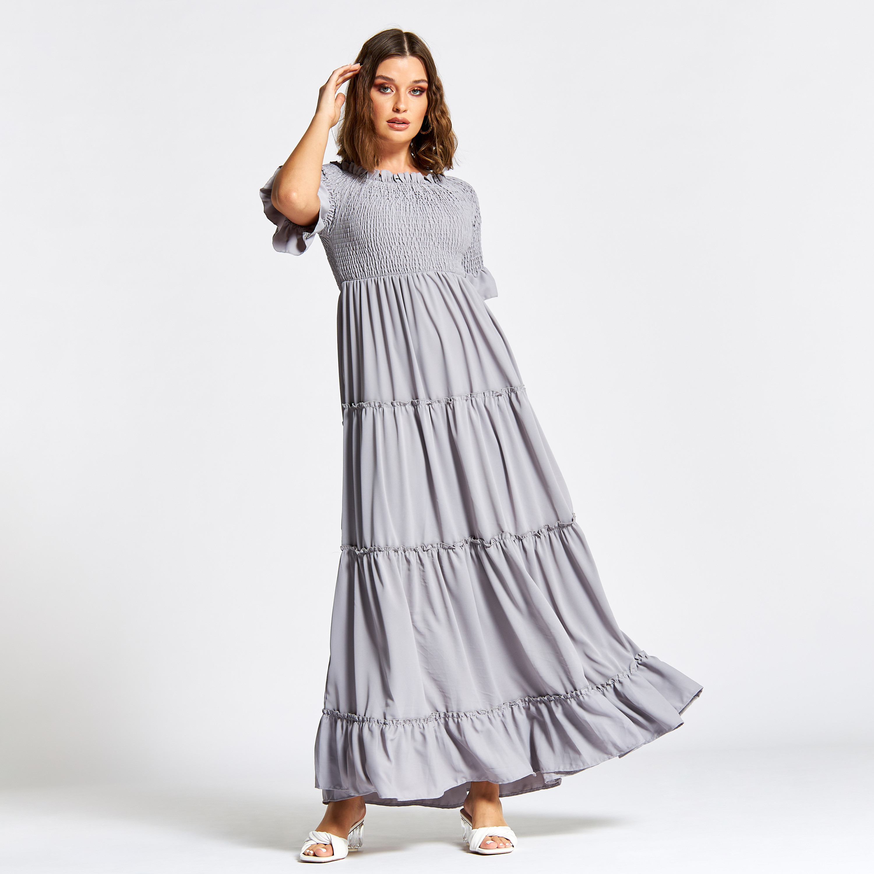 Nukhbaa Solid Tiered Jalabiya with Shirred Detail-women-arabicclothing-jalabiyas-image-2
