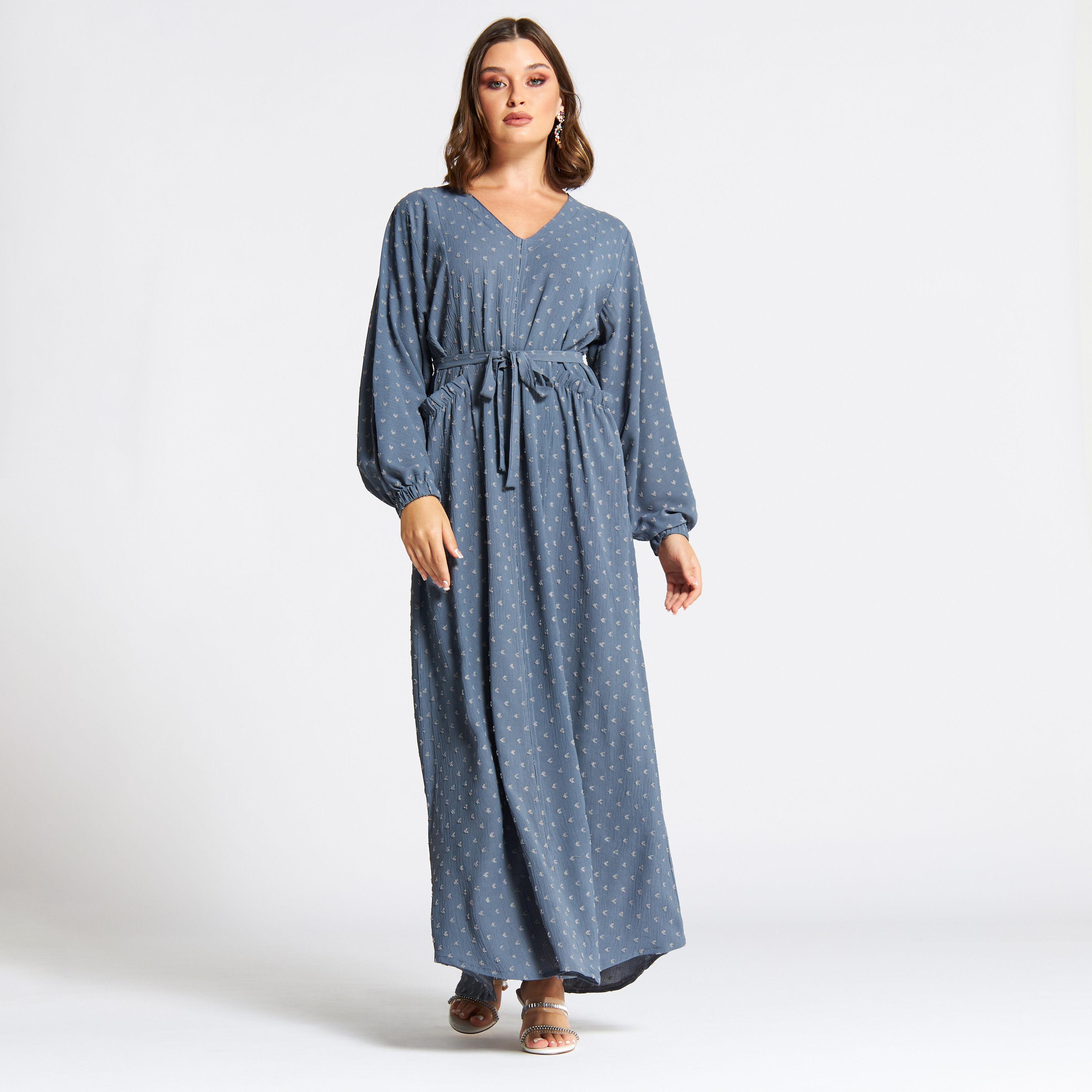 Nukhbaa Embroidered V-neck Jalabiya with Belt Tie-Ups and Pockets-women-arabicclothing-jalabiyas-image-1