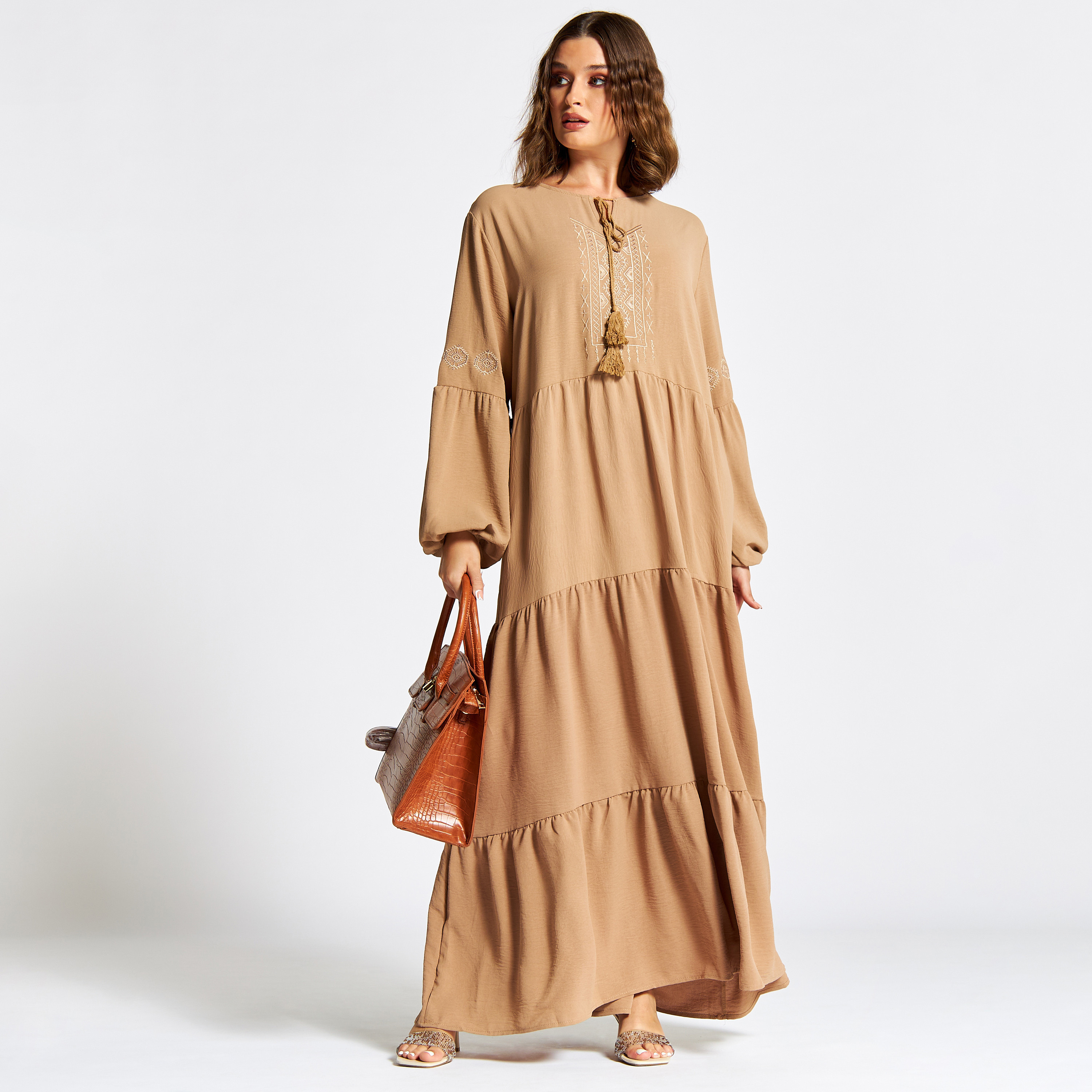 Nukhbaa Embroidered Tiered Jalabiya with Neck Tie-Ups-women-arabicclothing-jalabiyas-image-1