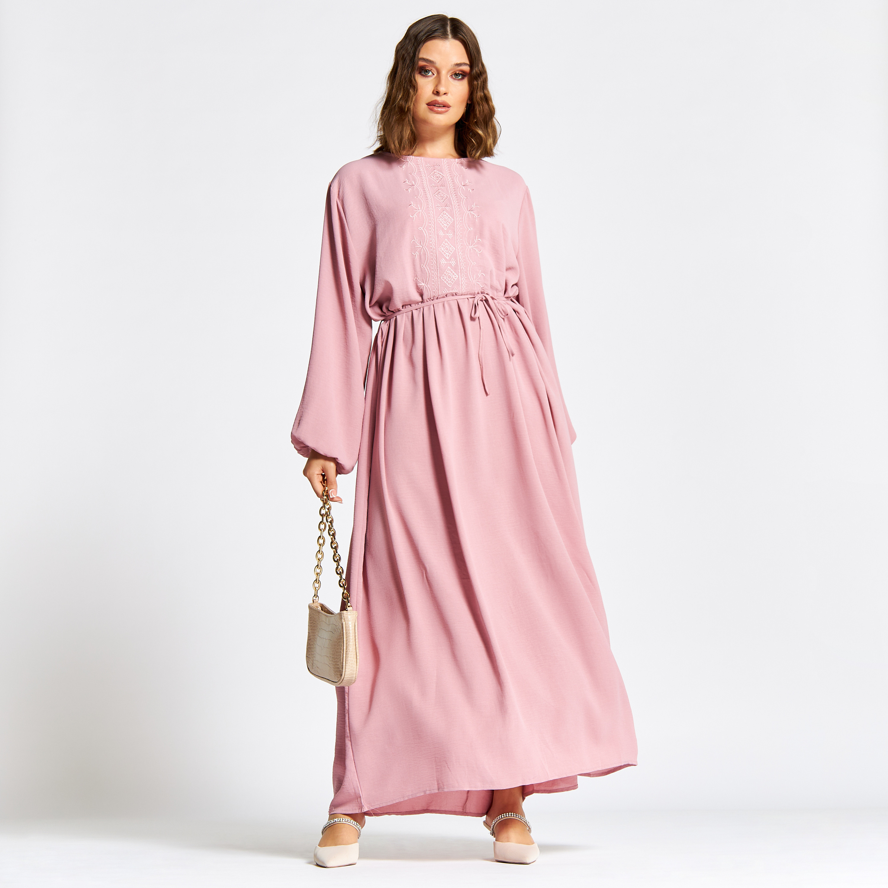Nukhbaa Embroidered Jalabiya with Tie-Up Belt-women-arabicclothing-jalabiyas-image-1