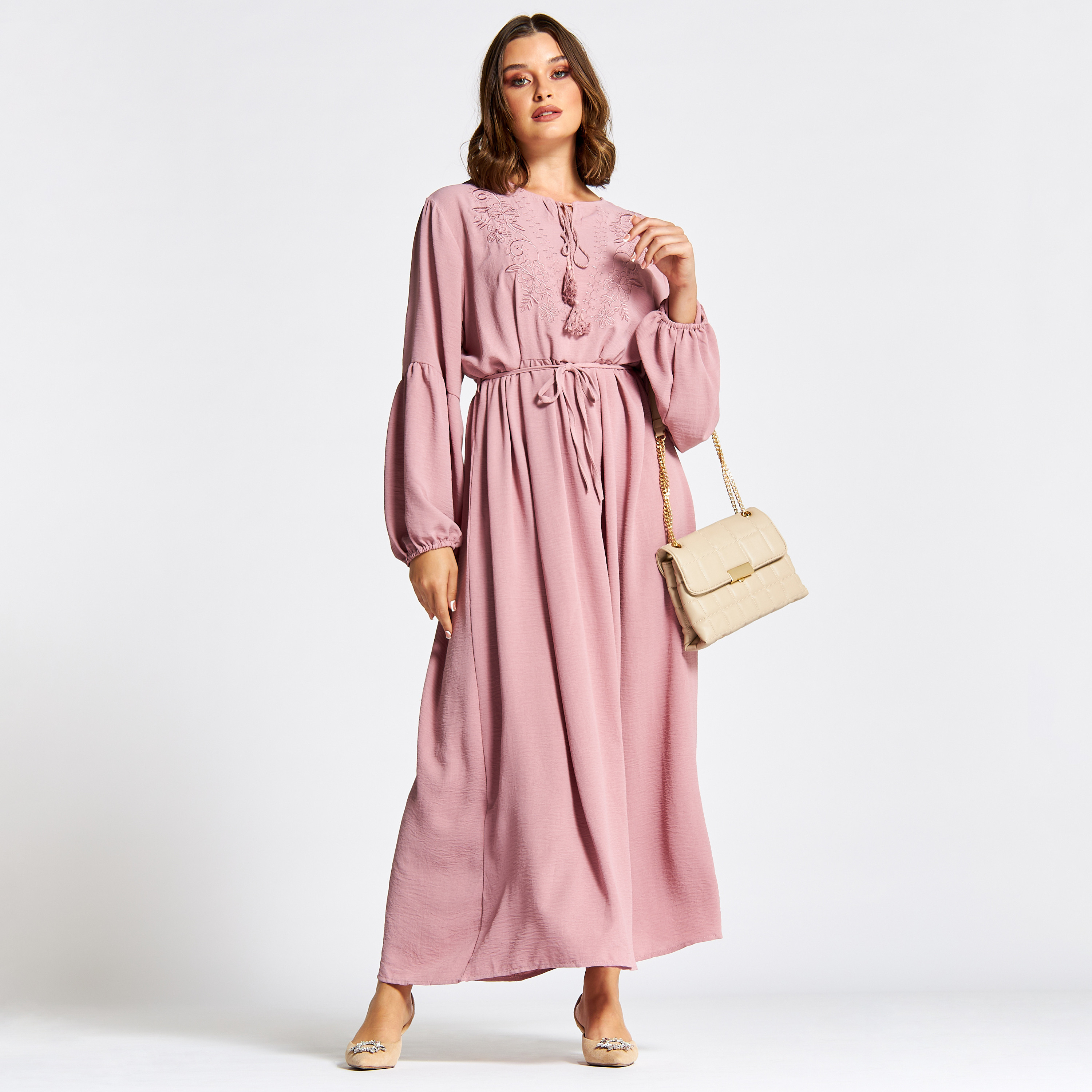 Nukhbaa Embroidered Jalabiya with Tie-Up Belt-women-arabicclothing-jalabiyas-image-1