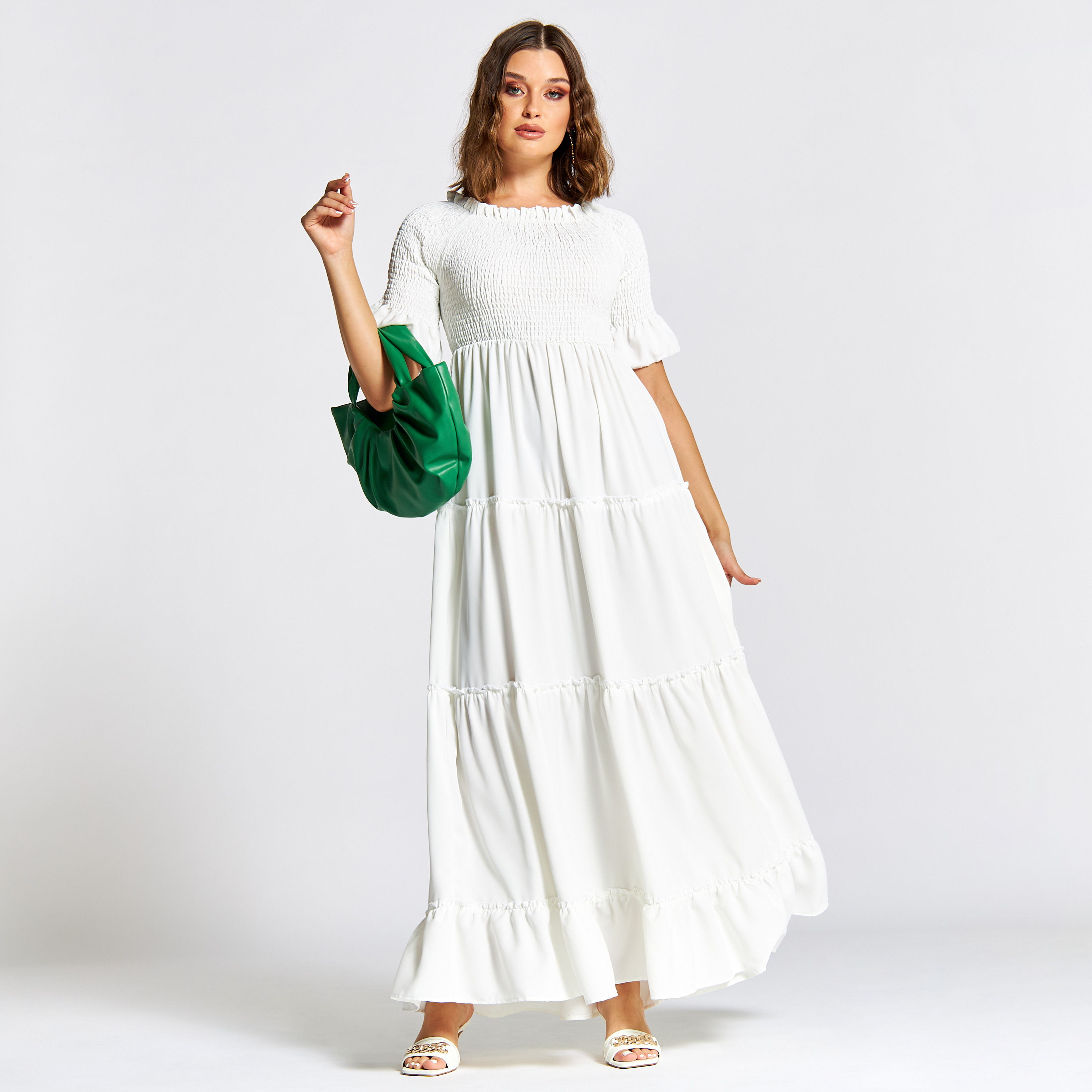 Nukhbaa Solid Tiered Jalabiya with Shirred Detail-women-arabicclothing-jalabiyas-image-1