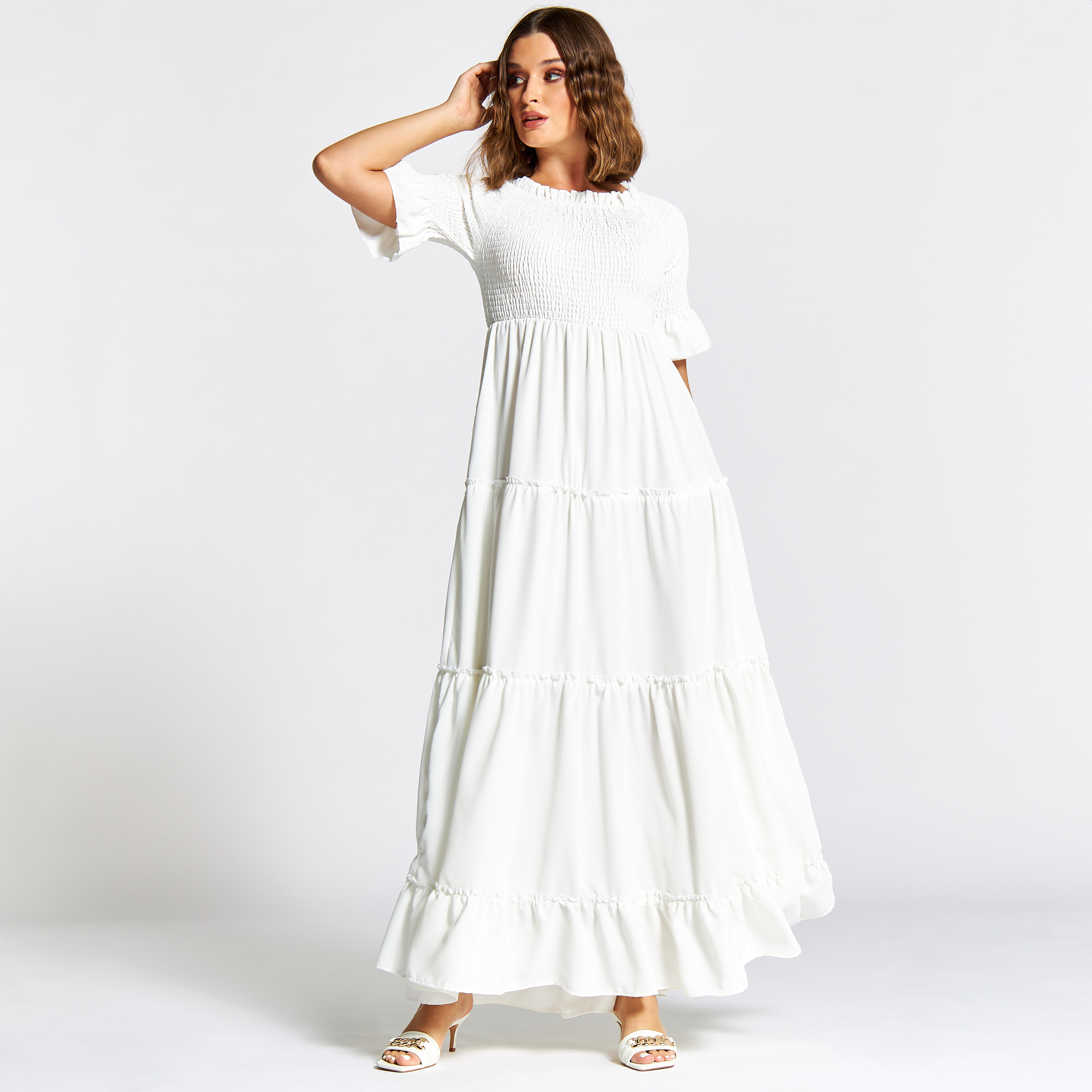 Nukhbaa Solid Tiered Jalabiya with Shirred Detail-women-arabicclothing-jalabiyas-image-2