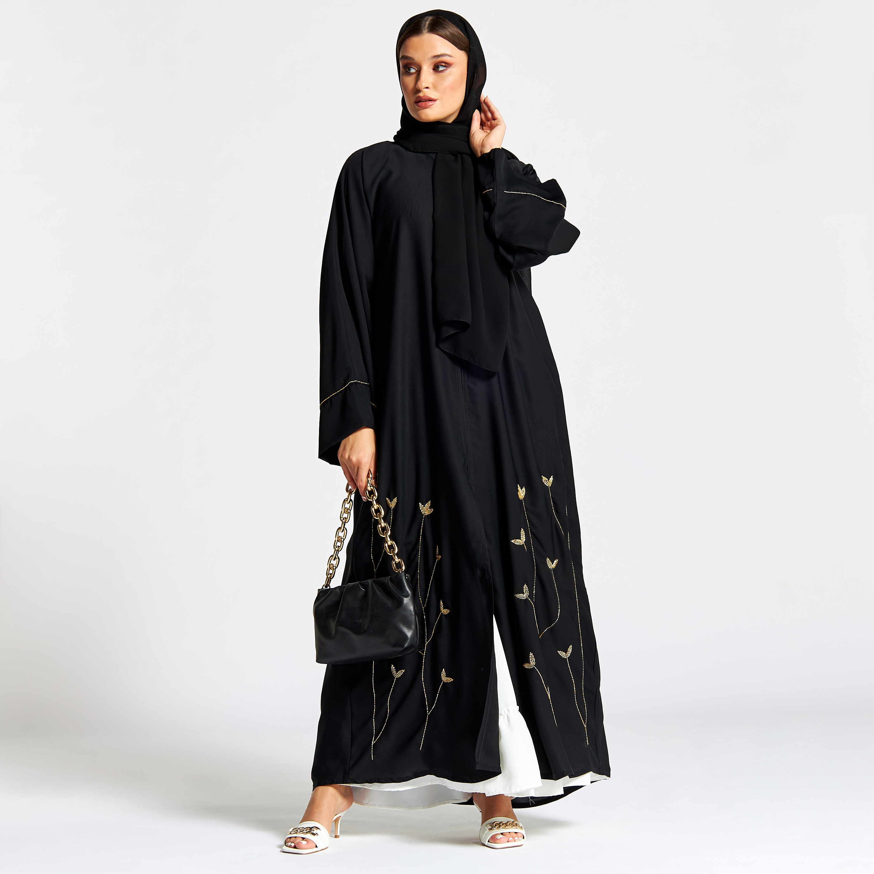 Nukhbaa Embroidered Jalabiya with V-neck and Hijab-women-arabicclothing-jalabiyas-image-1