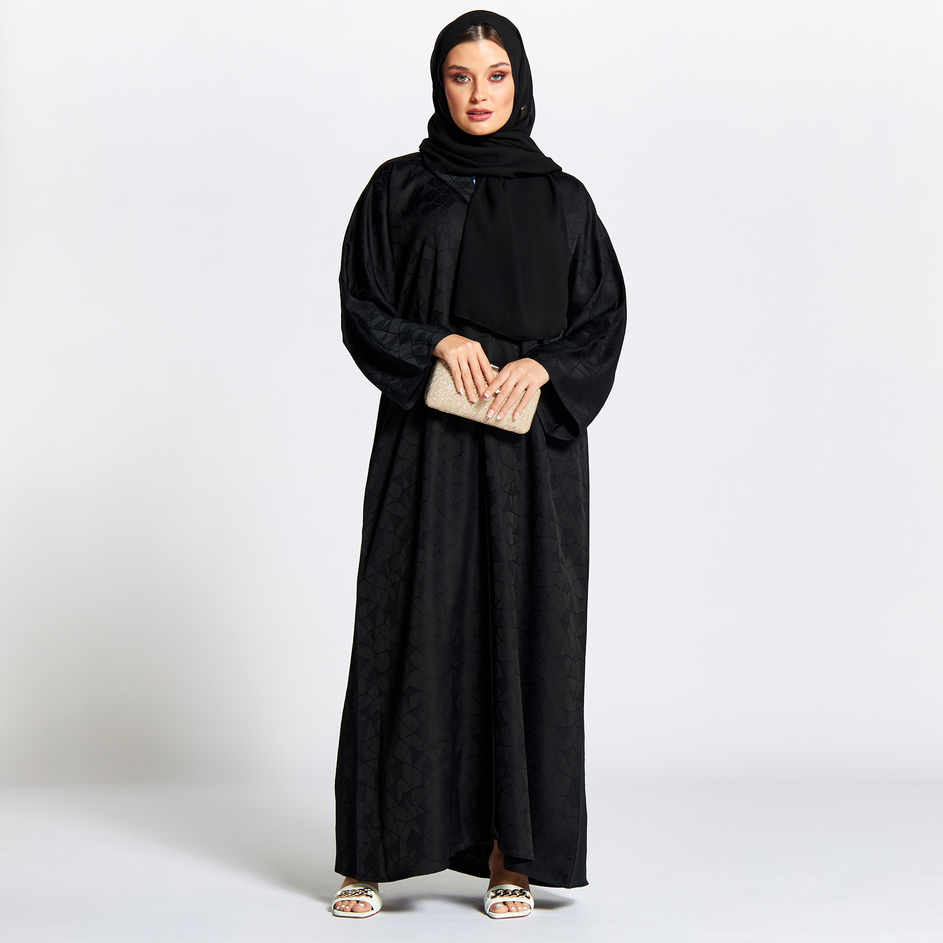 Nukhbaa Textured Jalabiya with Notch Lapel and Hijab-women-arabicclothing-jalabiyas-image-1