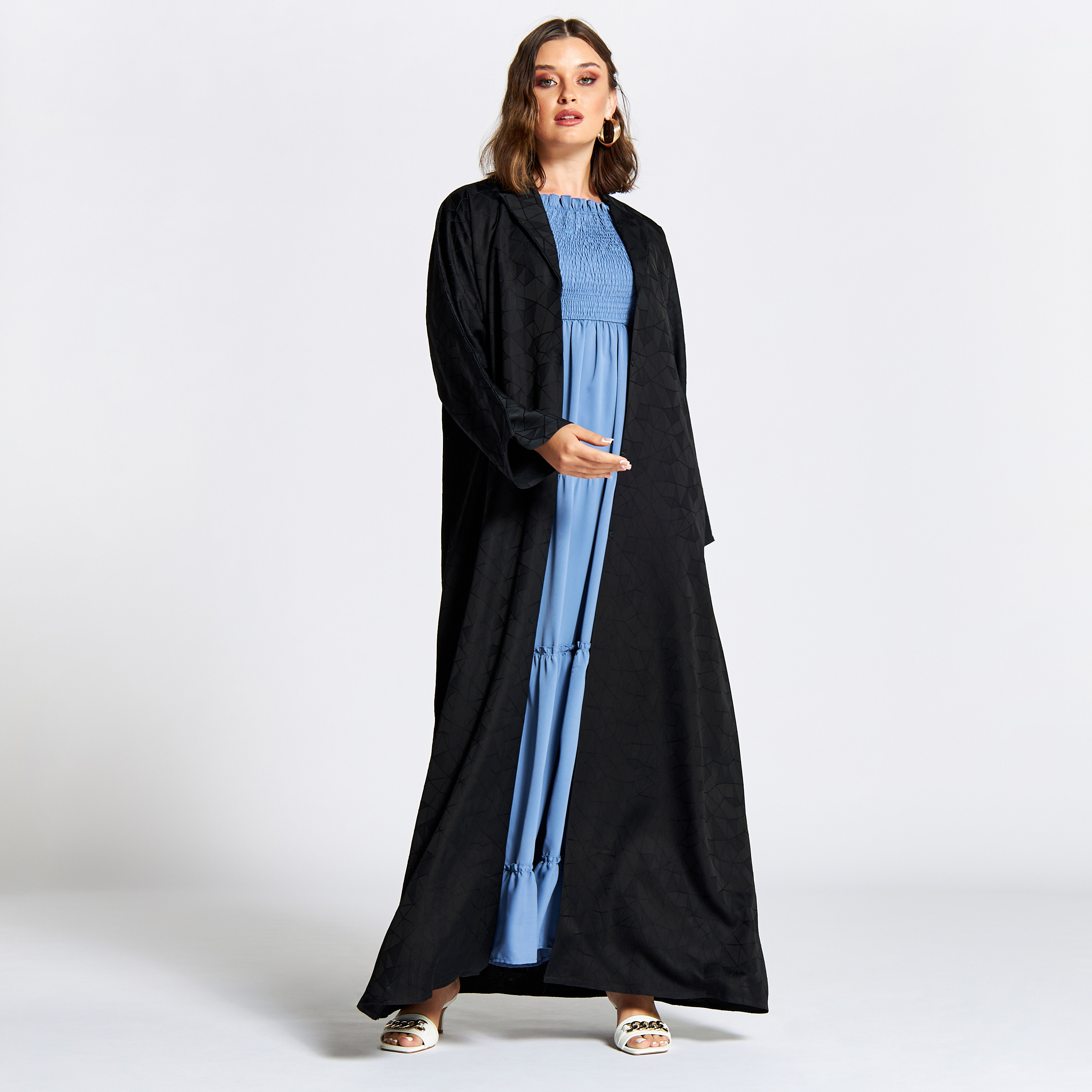 Nukhbaa Textured Jalabiya with Notch Lapel and Hijab-women-arabicclothing-jalabiyas-image-2