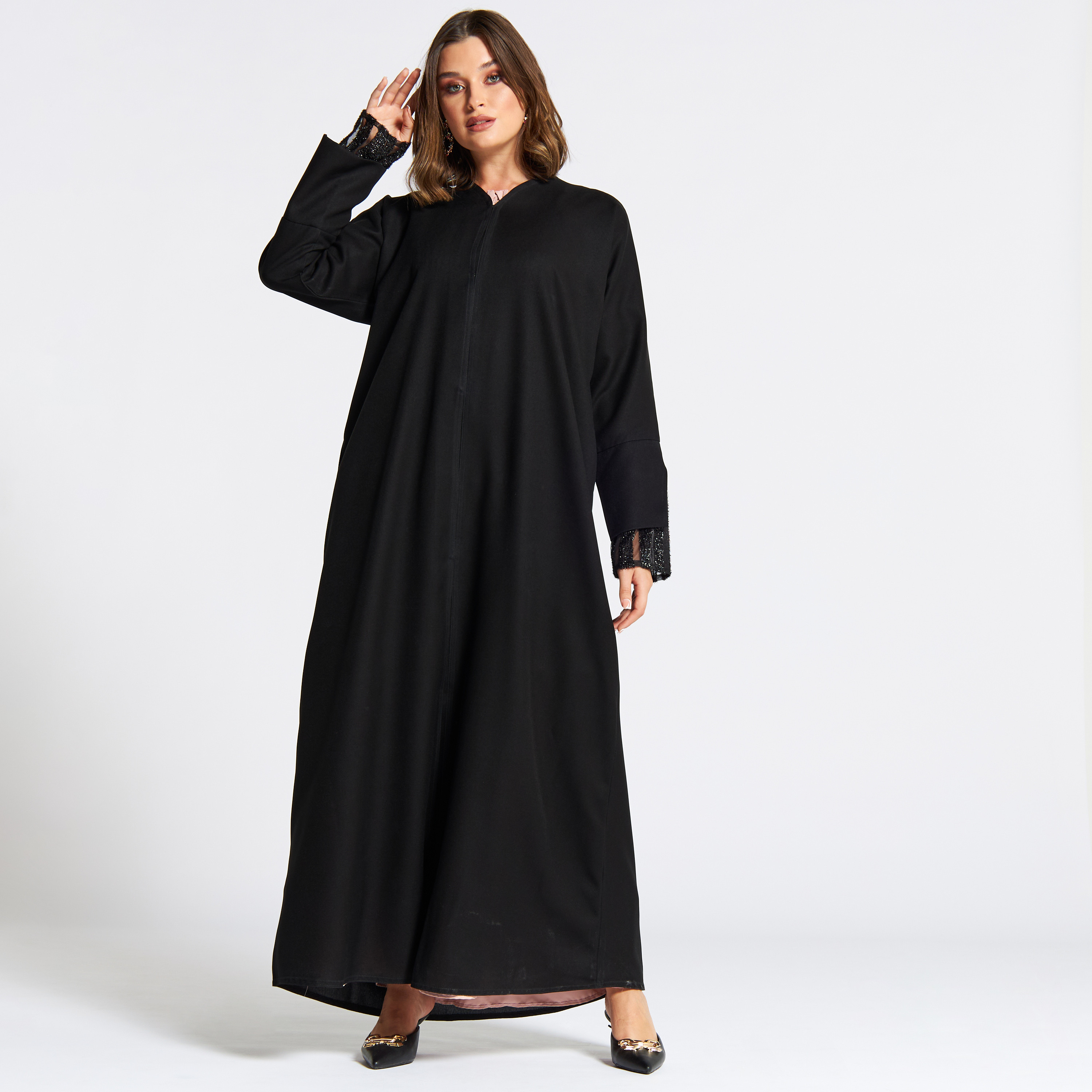 جلابية سادة بياقة v من نُخبة-women-arabicclothing-jalabiyas-image-1