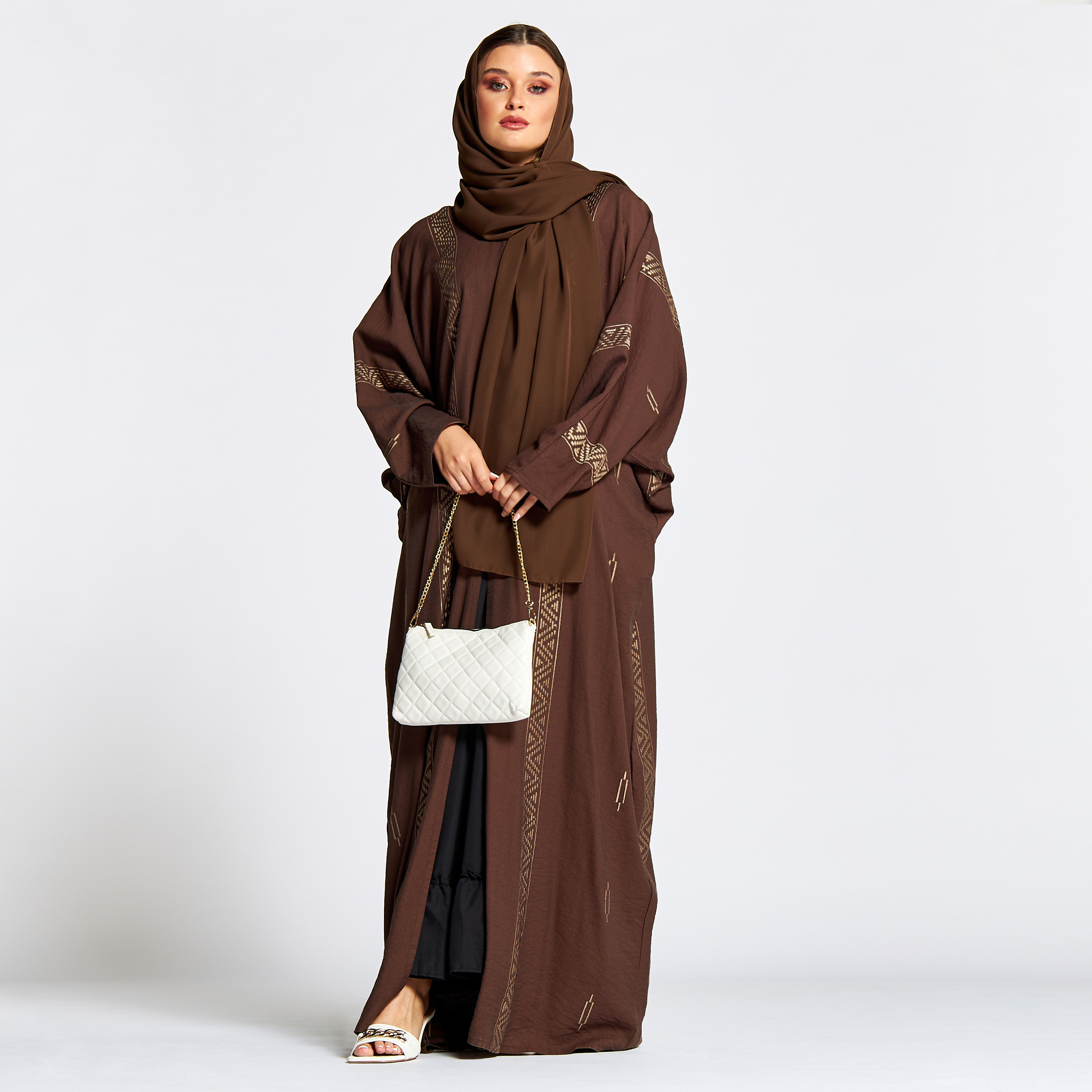 Nukhbaa Embroidered Jalabiya with V-neck and Hijab-women-arabicclothing-jalabiyas-image-1