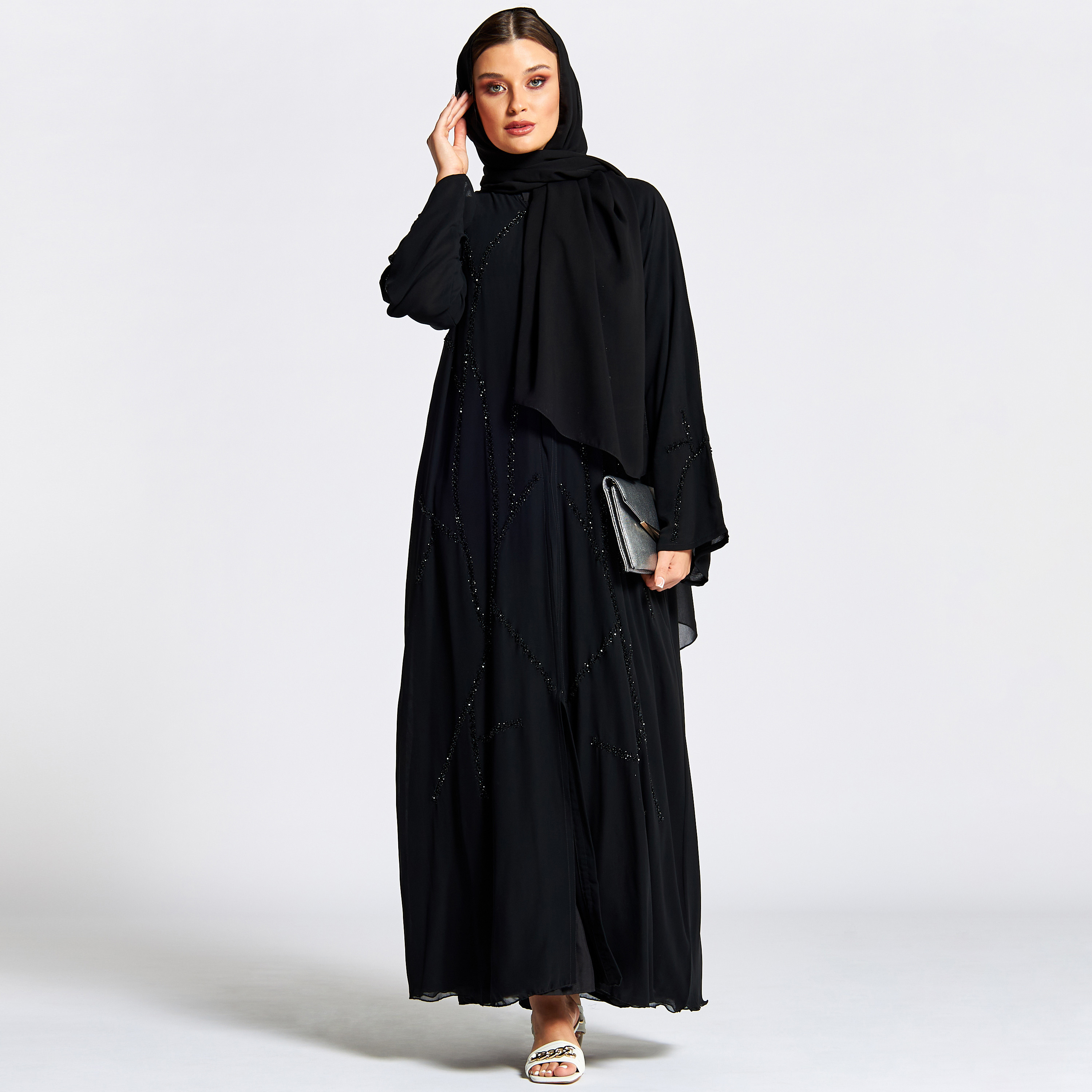 Nukhbaa Embellished Jalabiya with V-neck and Hijab-women-arabicclothing-jalabiyas-image-1