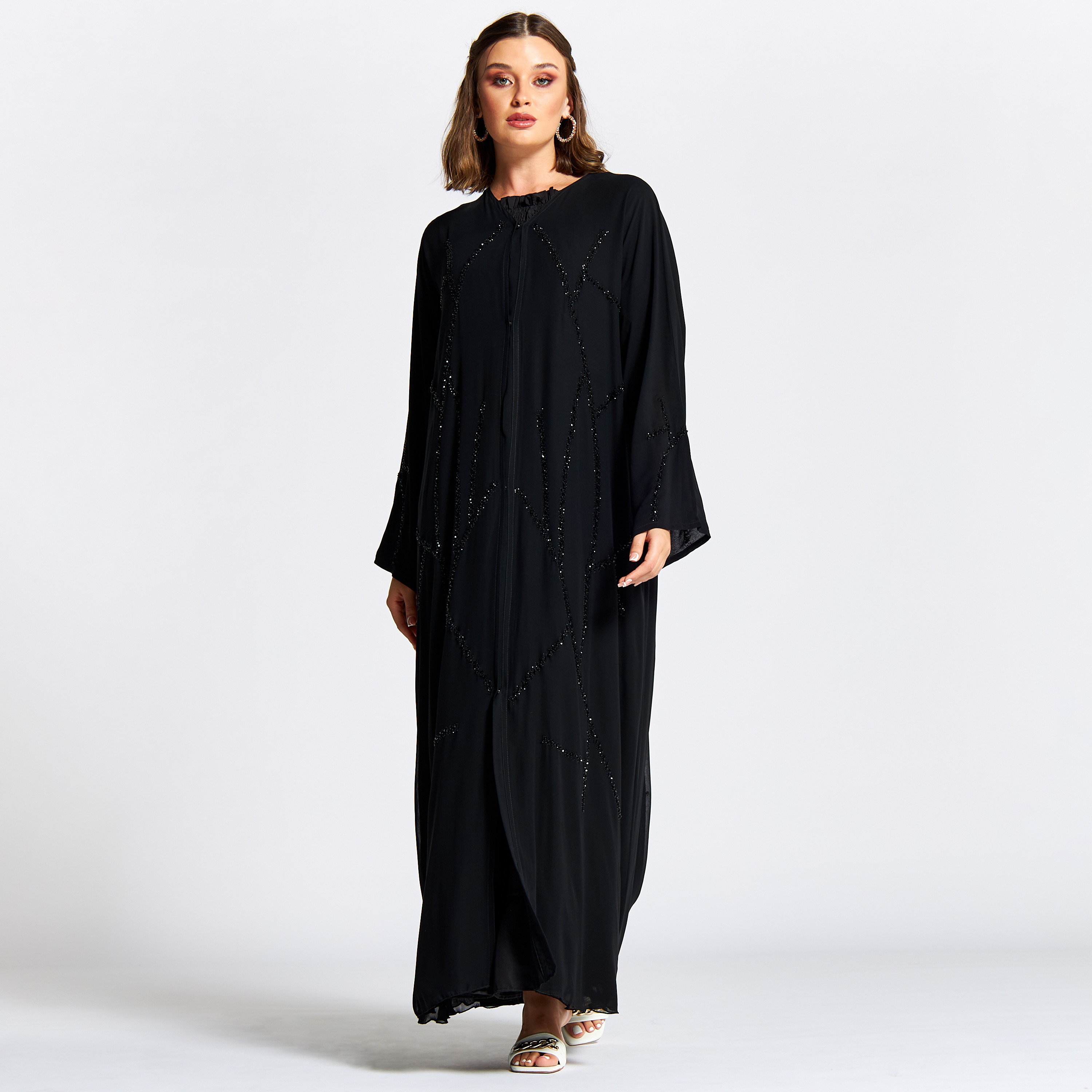 Nukhbaa Embellished Jalabiya with V-neck and Hijab-women-arabicclothing-jalabiyas-image-2