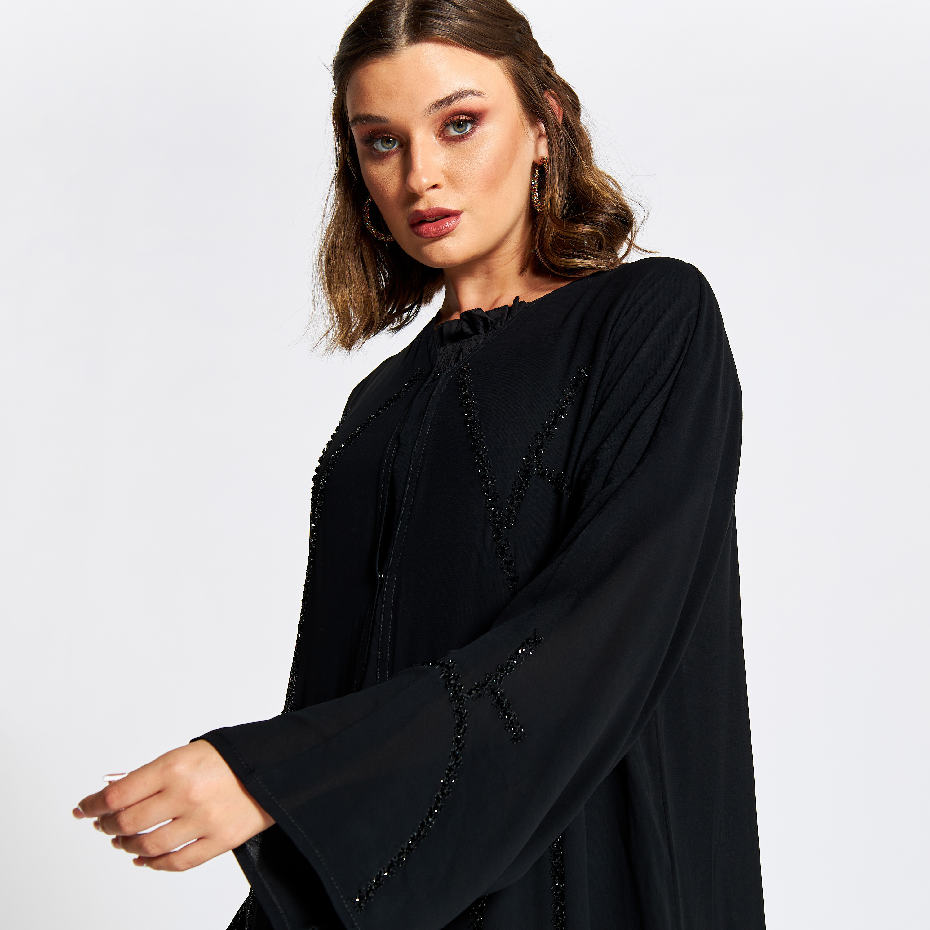 Nukhbaa Embellished Jalabiya with V-neck and Hijab-women-arabicclothing-jalabiyas-image-3