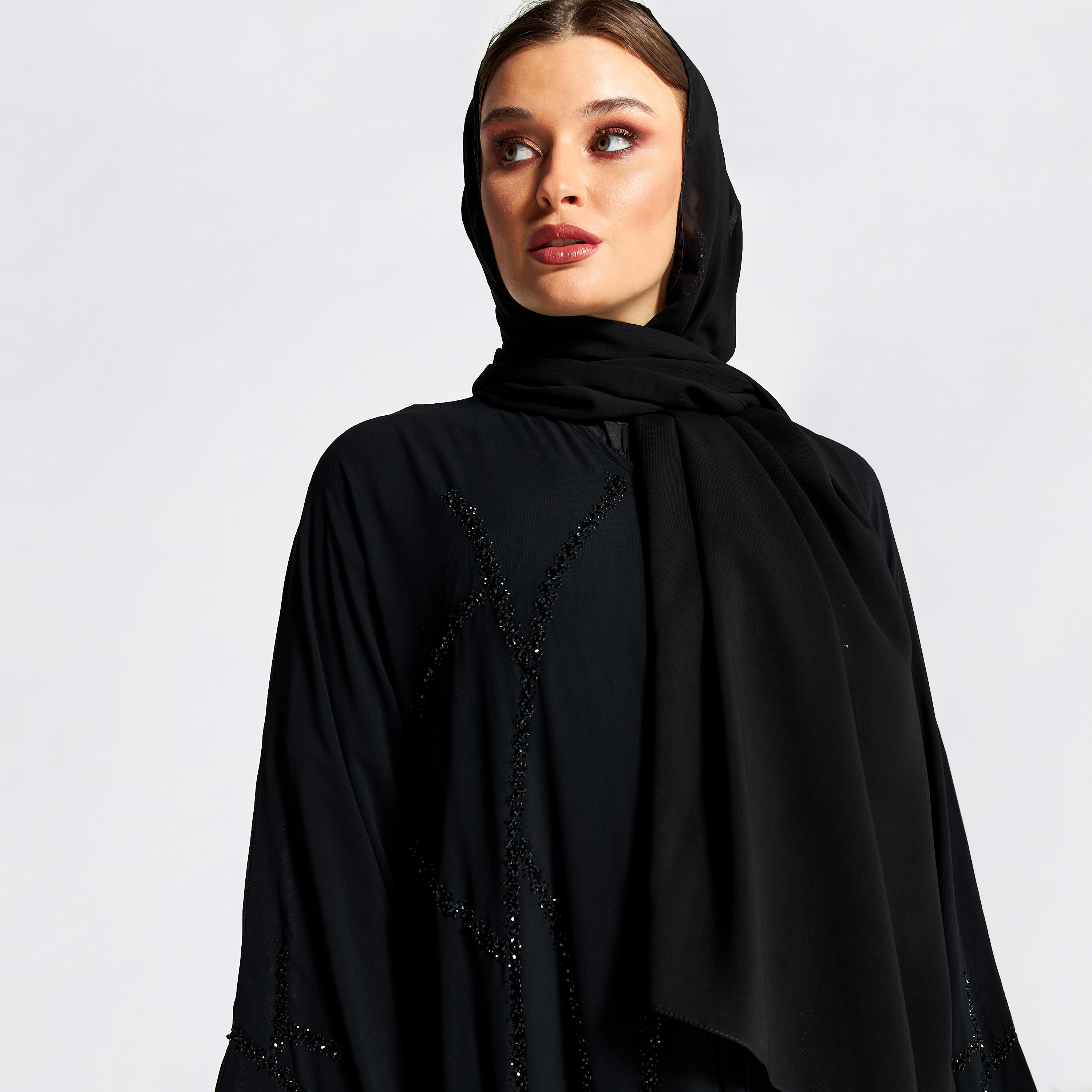 Nukhbaa Embellished Jalabiya with V-neck and Hijab-women-arabicclothing-jalabiyas-image-4