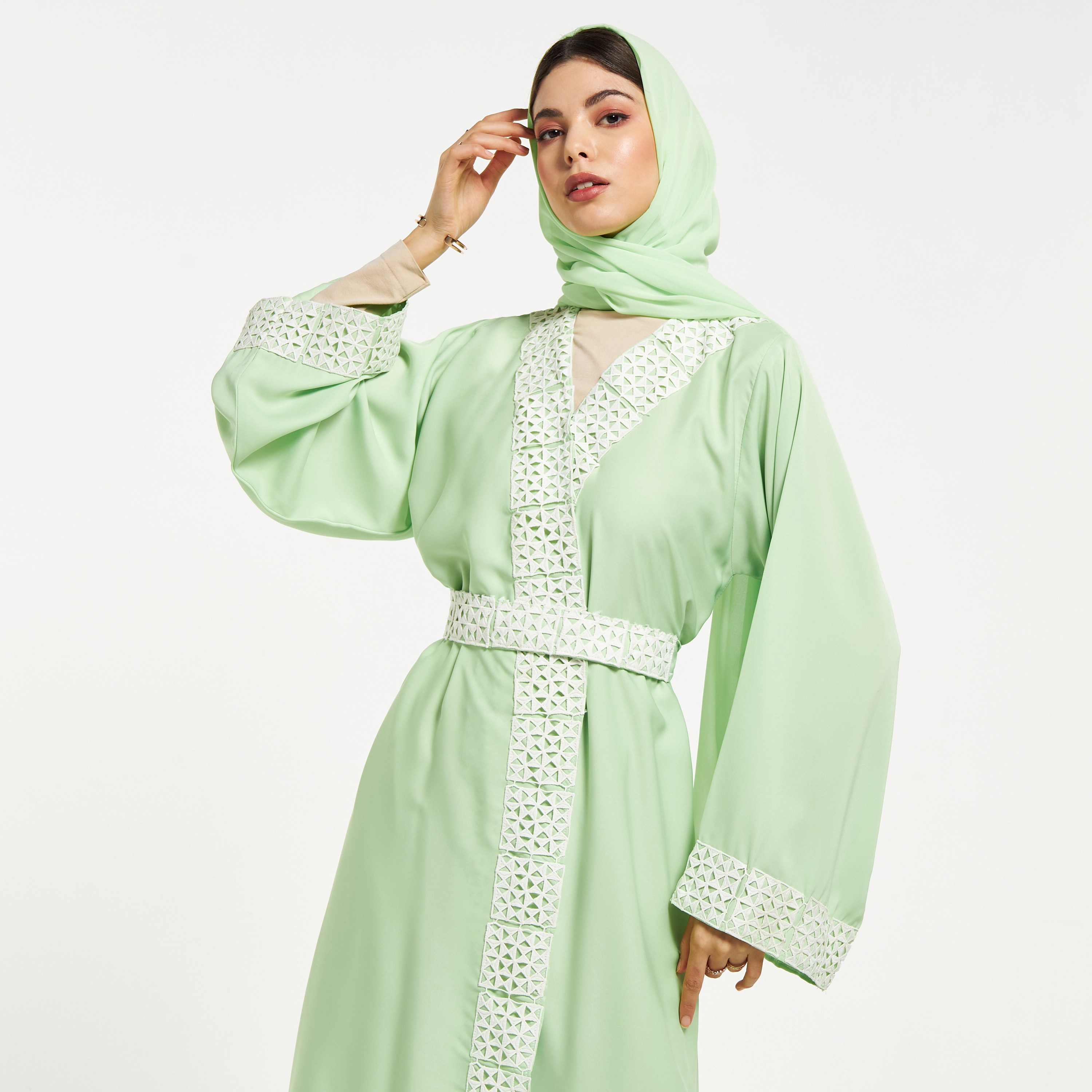 Nukhbaa Lace Textured Abaya with Hijab-women-arabicclothing-abayas-image-2