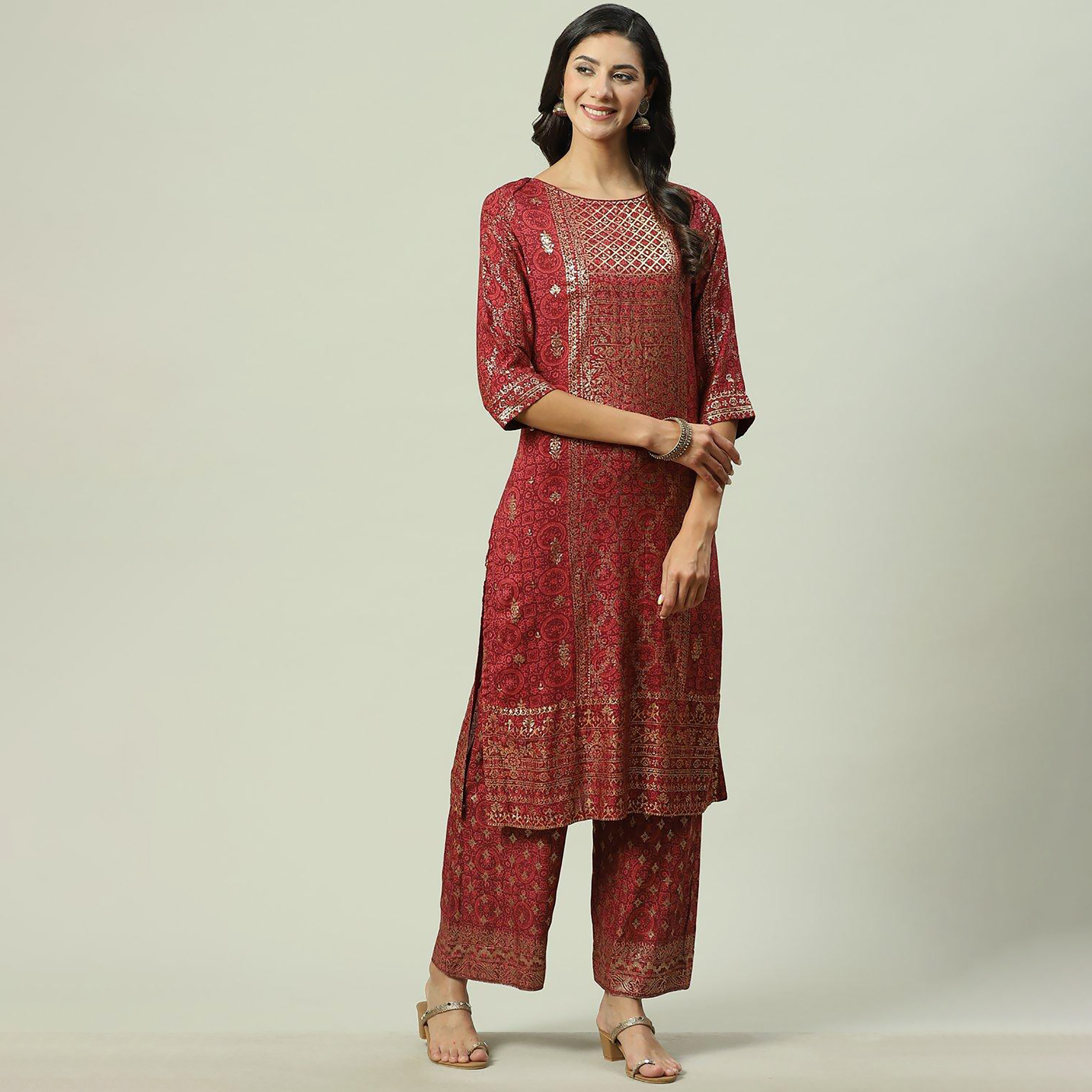 Biba Foil Print Boat Neck Straight Kurta-women-clothing-ethnicwear-dresses-image-1