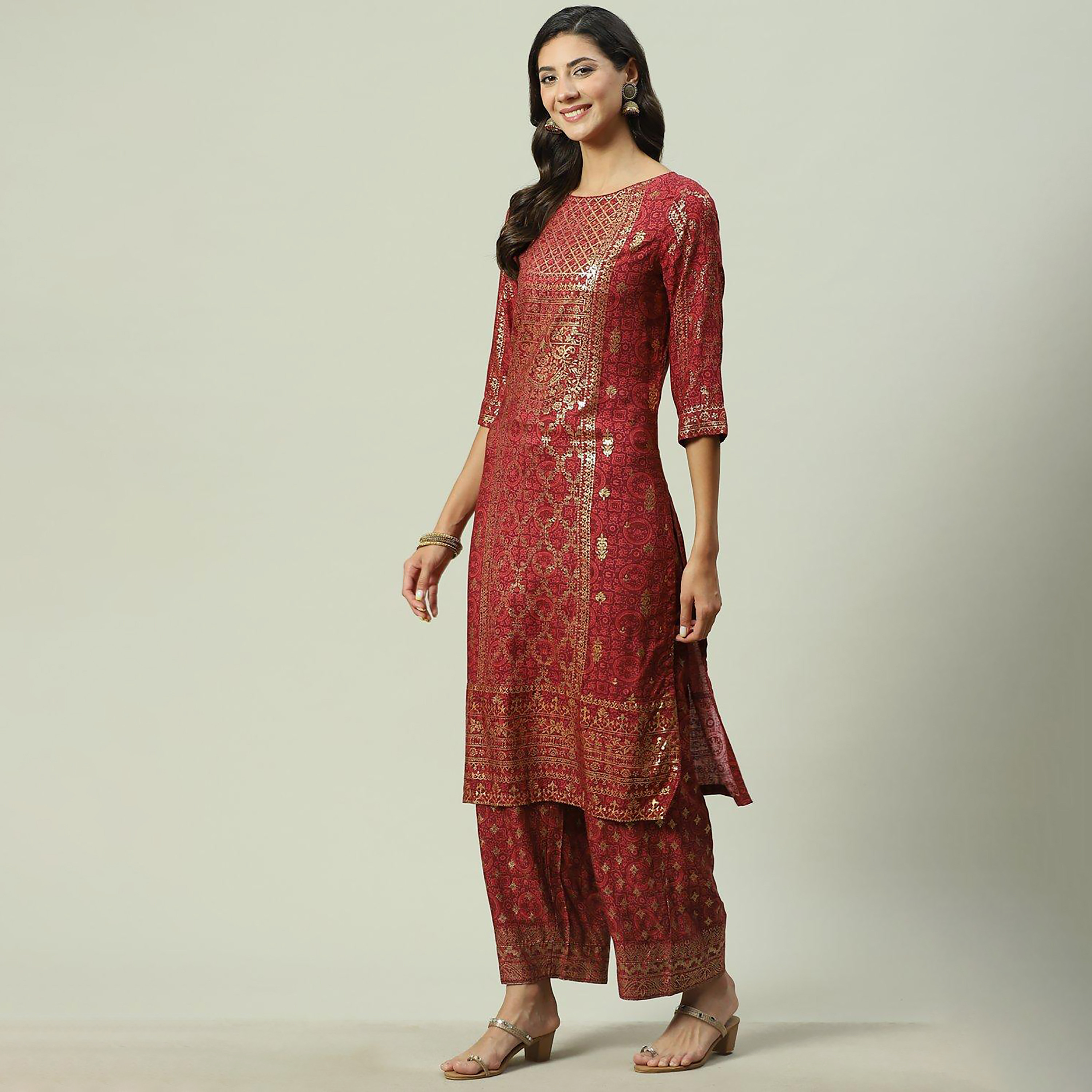 Biba Foil Print Boat Neck Straight Kurta-women-clothing-ethnicwear-dresses-image-2