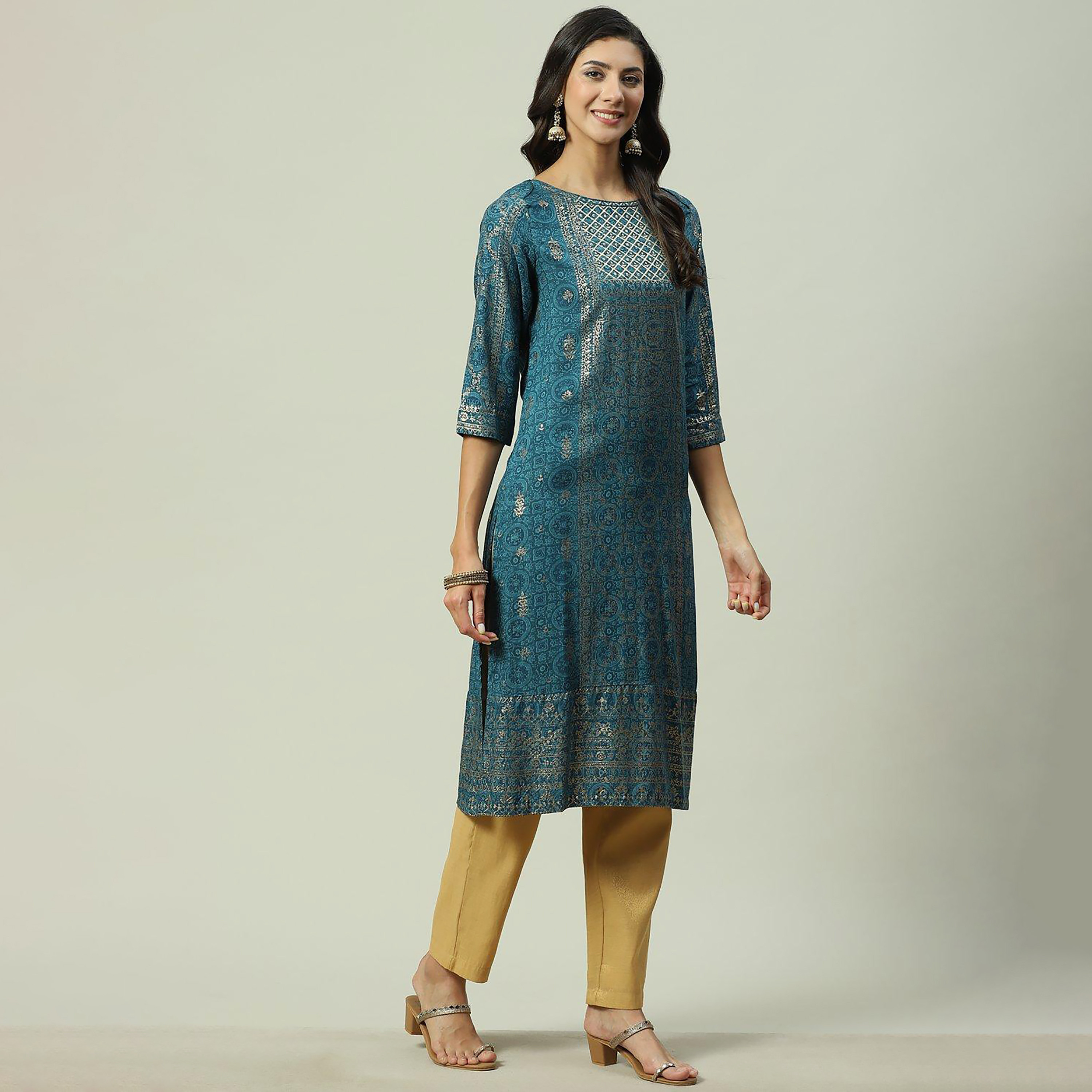 Biba Foil Print Boat Neck Straight Kurta-women-clothing-ethnicwear-dresses-image-6