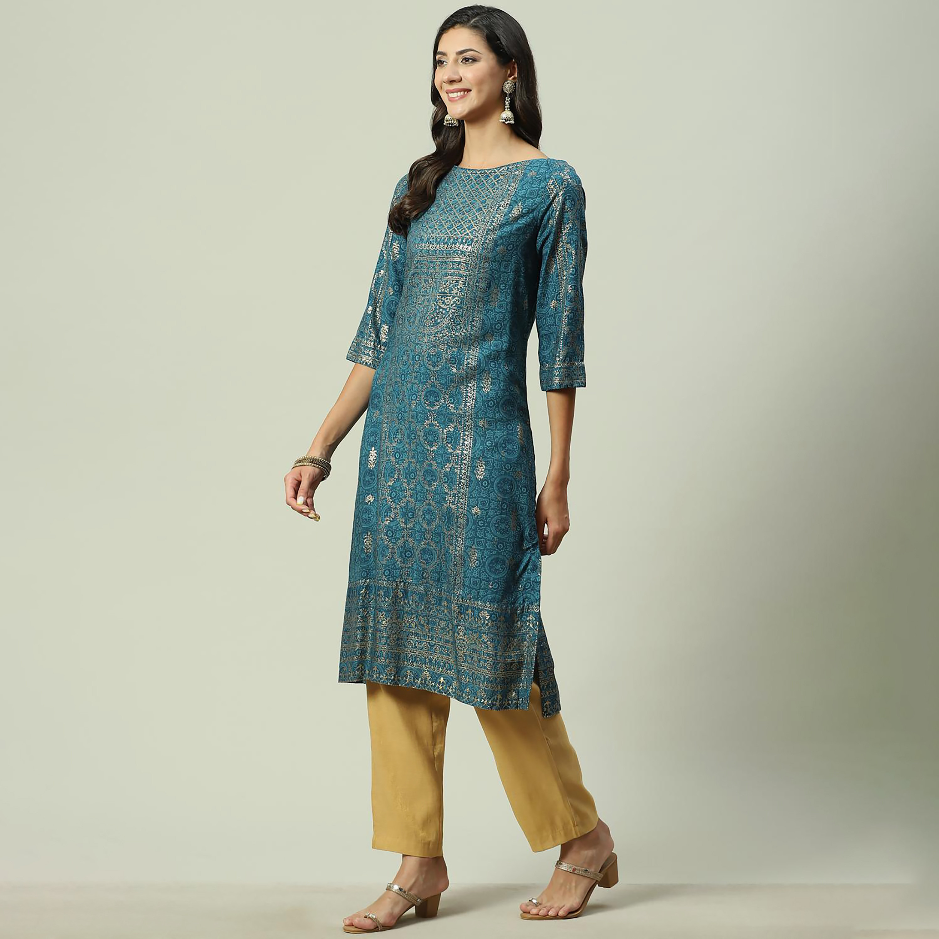 Biba Foil Print Boat Neck Straight Kurta-women-clothing-ethnicwear-dresses-image-7