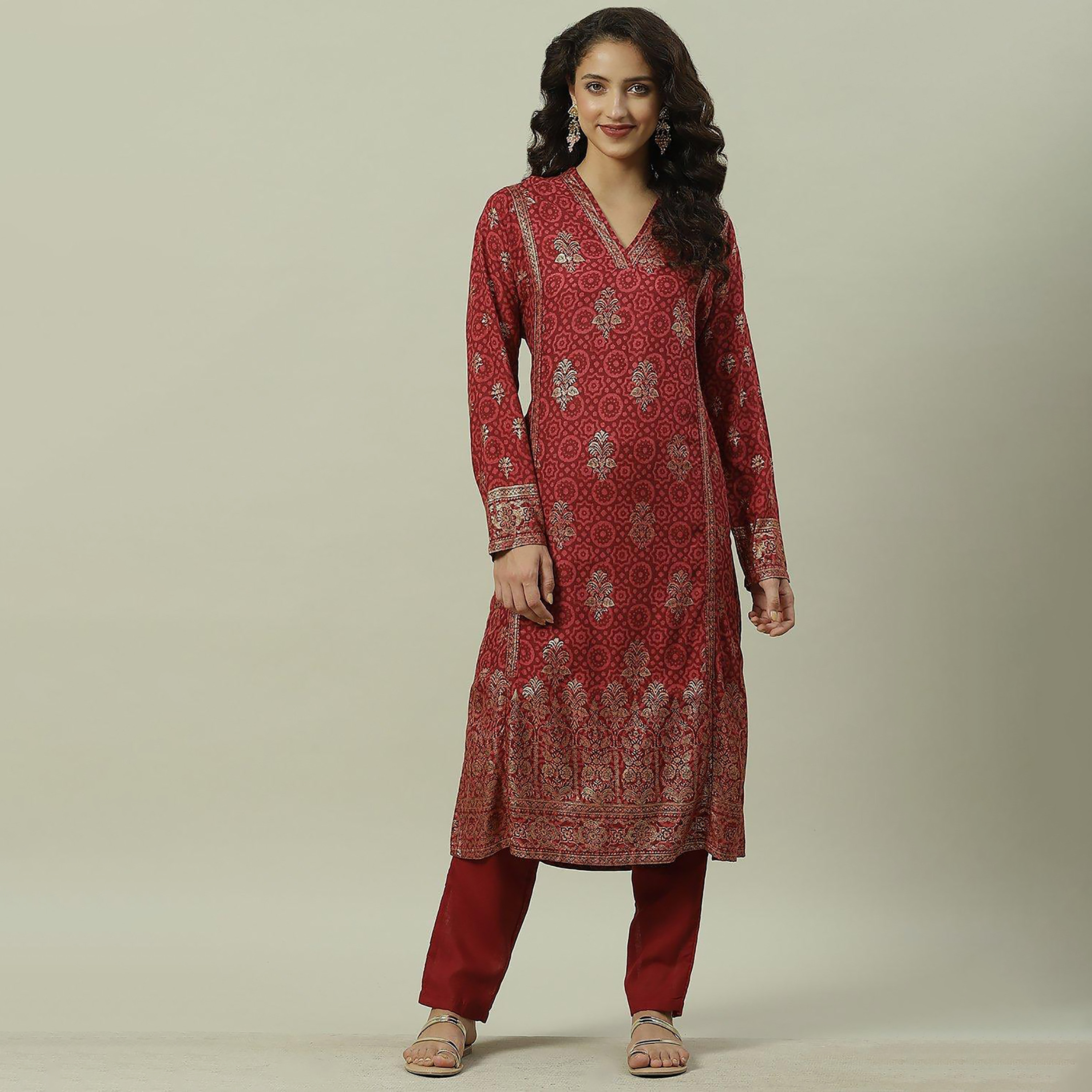 كورتا بيبا فويل برقبة على شكل وى مع مطبوعة ومستقيمة-women-clothing-ethnicwear-dresses-image-7