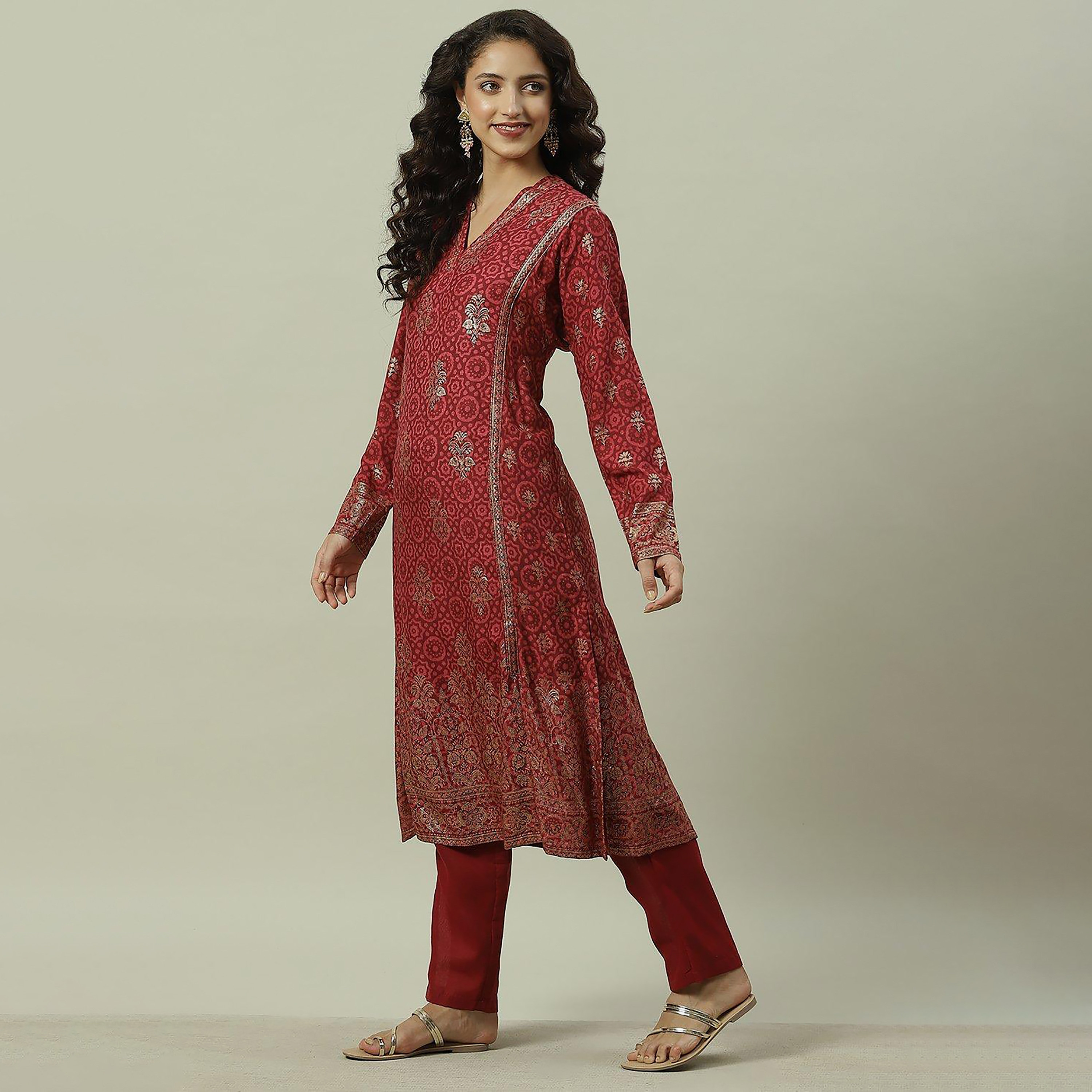 كورتا بيبا فويل برقبة على شكل وى مع مطبوعة ومستقيمة-women-clothing-ethnicwear-dresses-image-8