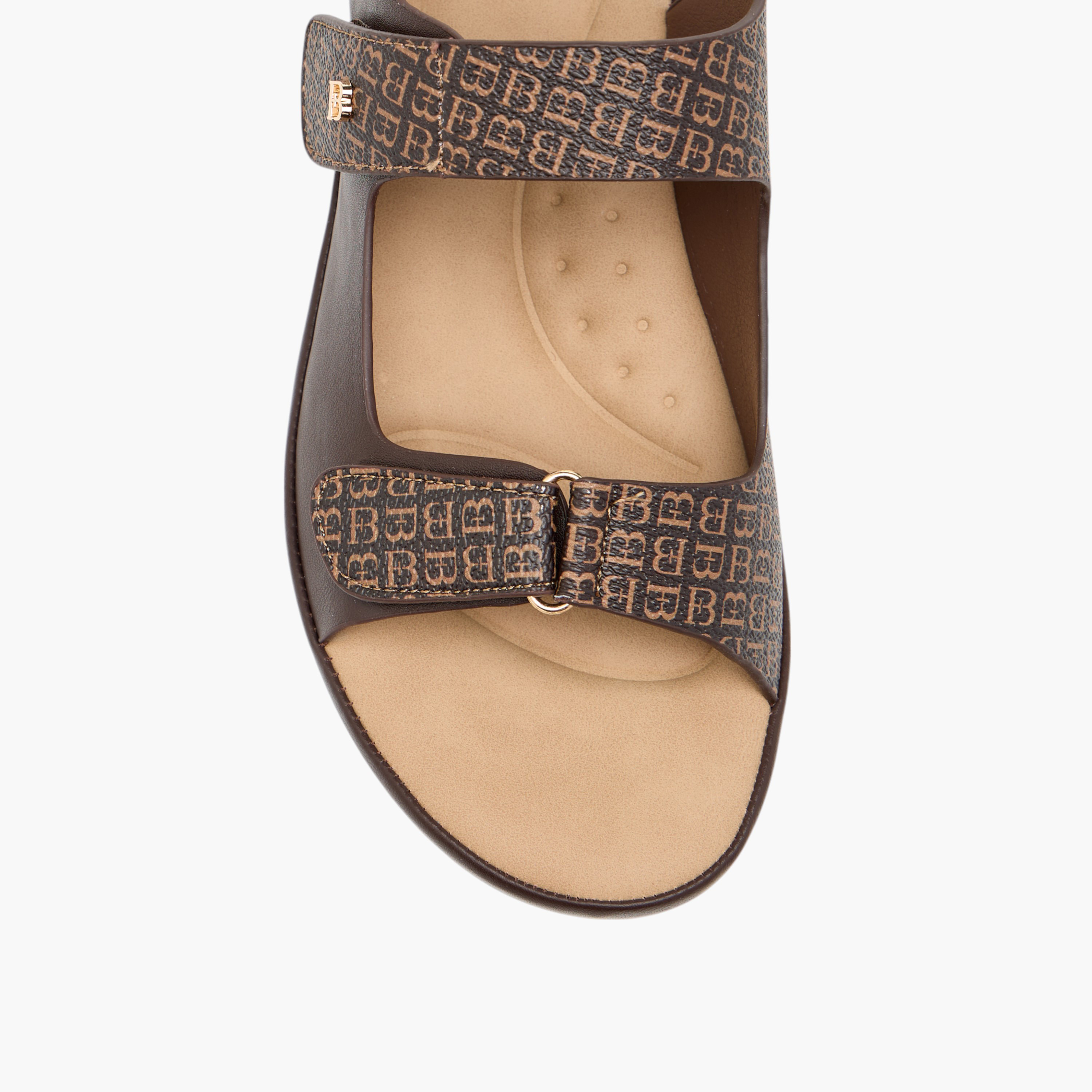 Flora Bella Monogram Print Sandals with Hook and Loop Closure-women-shoes-flats-sandals-image-3