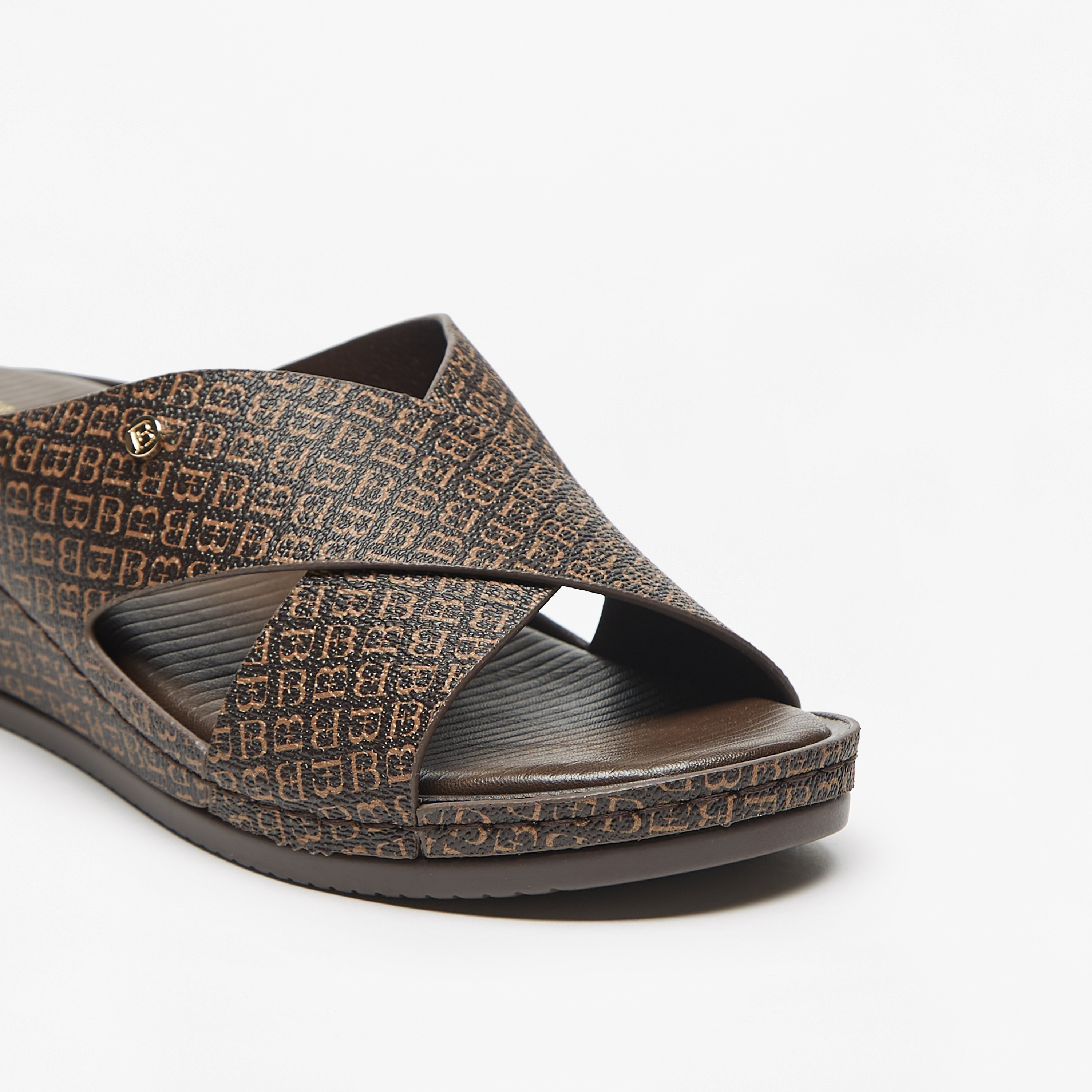 Flora Bella Logo Print Cross Strap Slip On Sandals with Wedge Heels-women-shoes-sandals-heeled-image-5