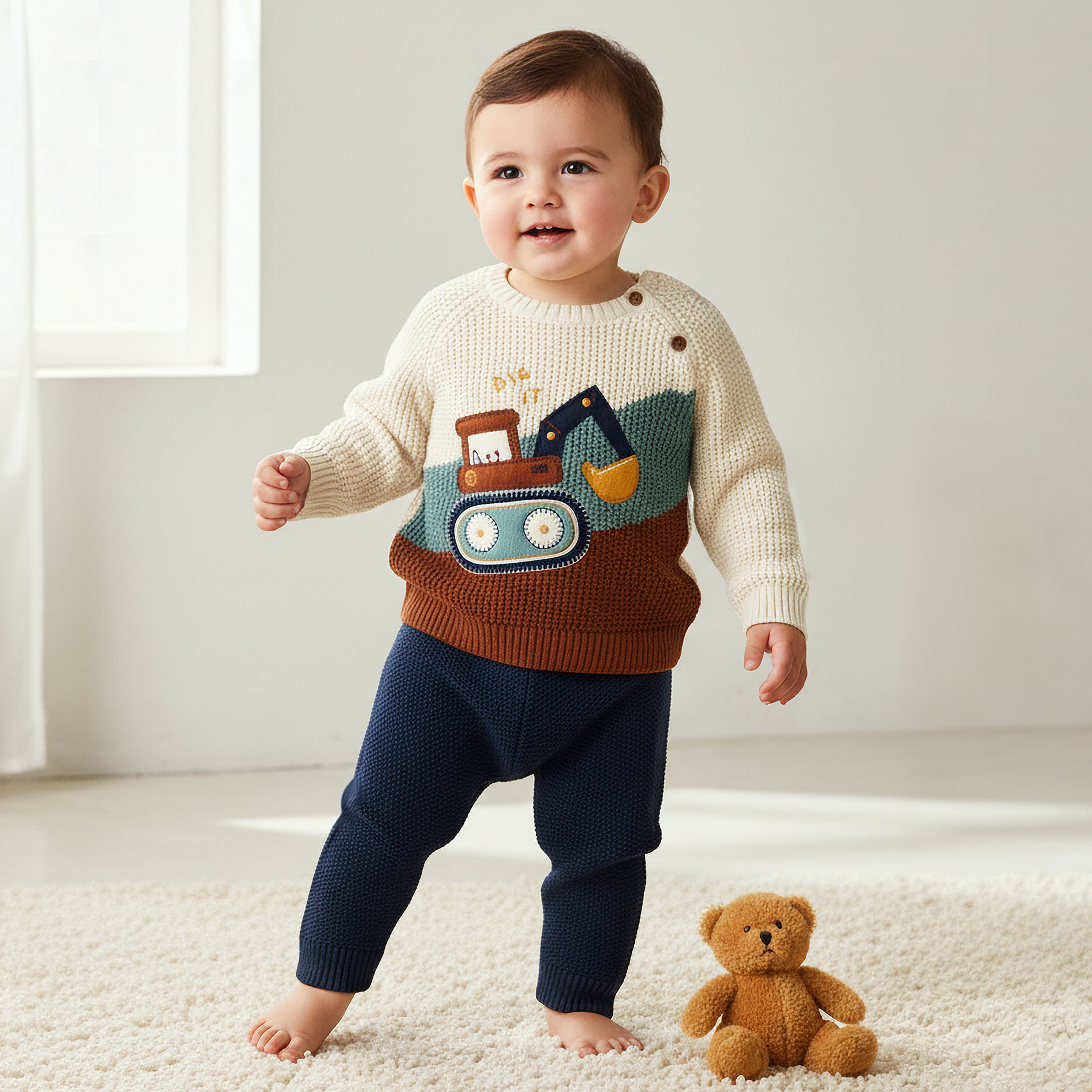 Juniors Construction Vehicle Embroidered Sweater and Pyjama Set-baby-boys-clothing-winterwear-setsandcoords-image-2