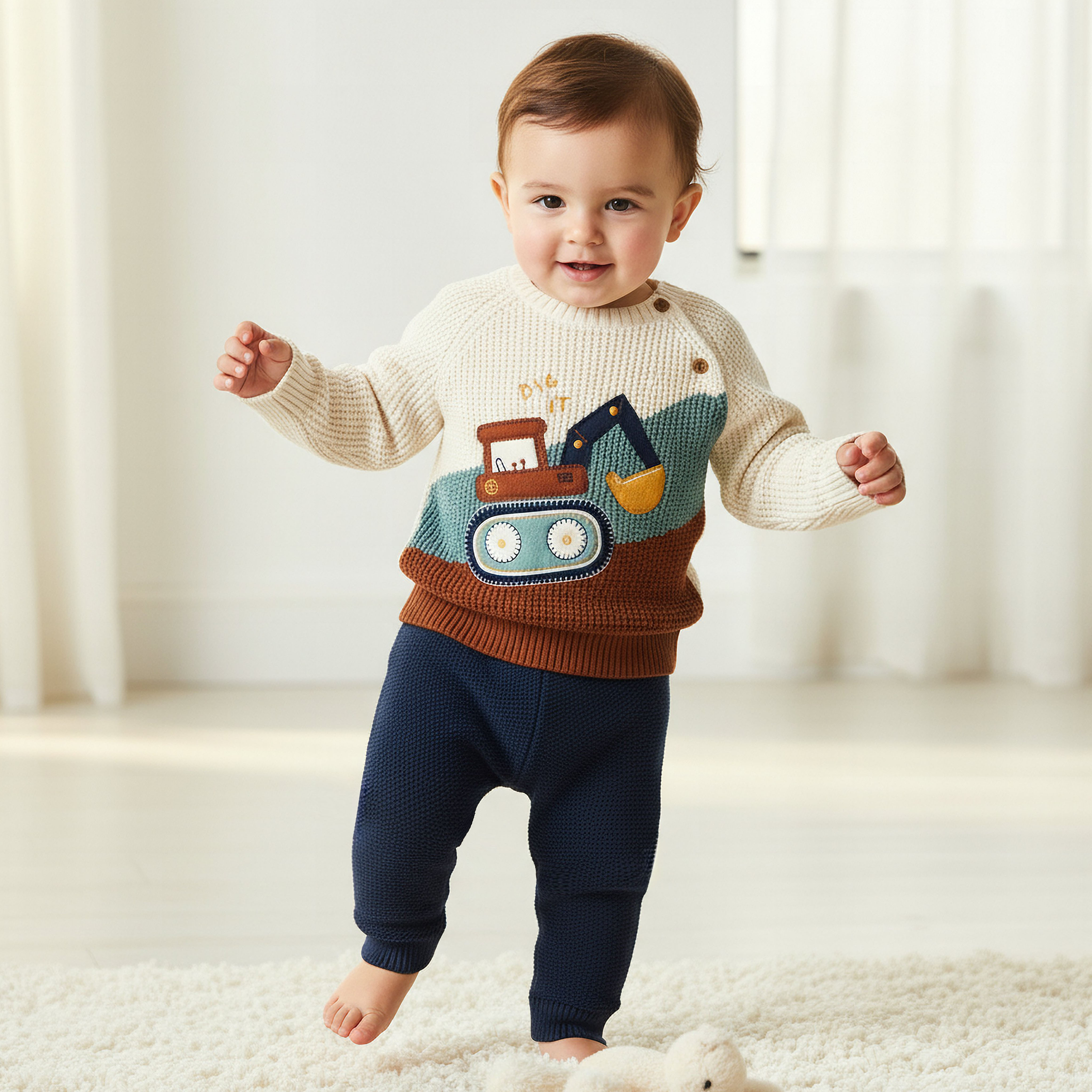 Juniors Construction Vehicle Embroidered Sweater and Pyjama Set-baby-boys-clothing-winterwear-setsandcoords-image-1