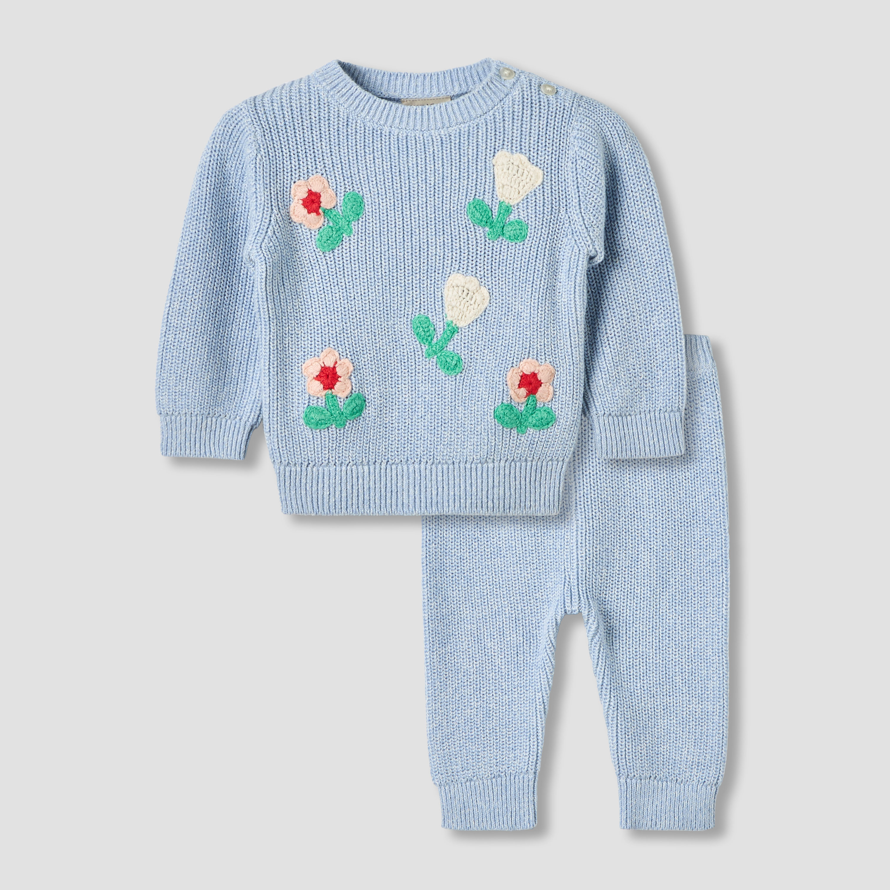 Juniors Round Neck Long Sleeves Pyjama Set with Floral Embroidery-baby-girls-clothing-winterwear-pyjamasets-image-1