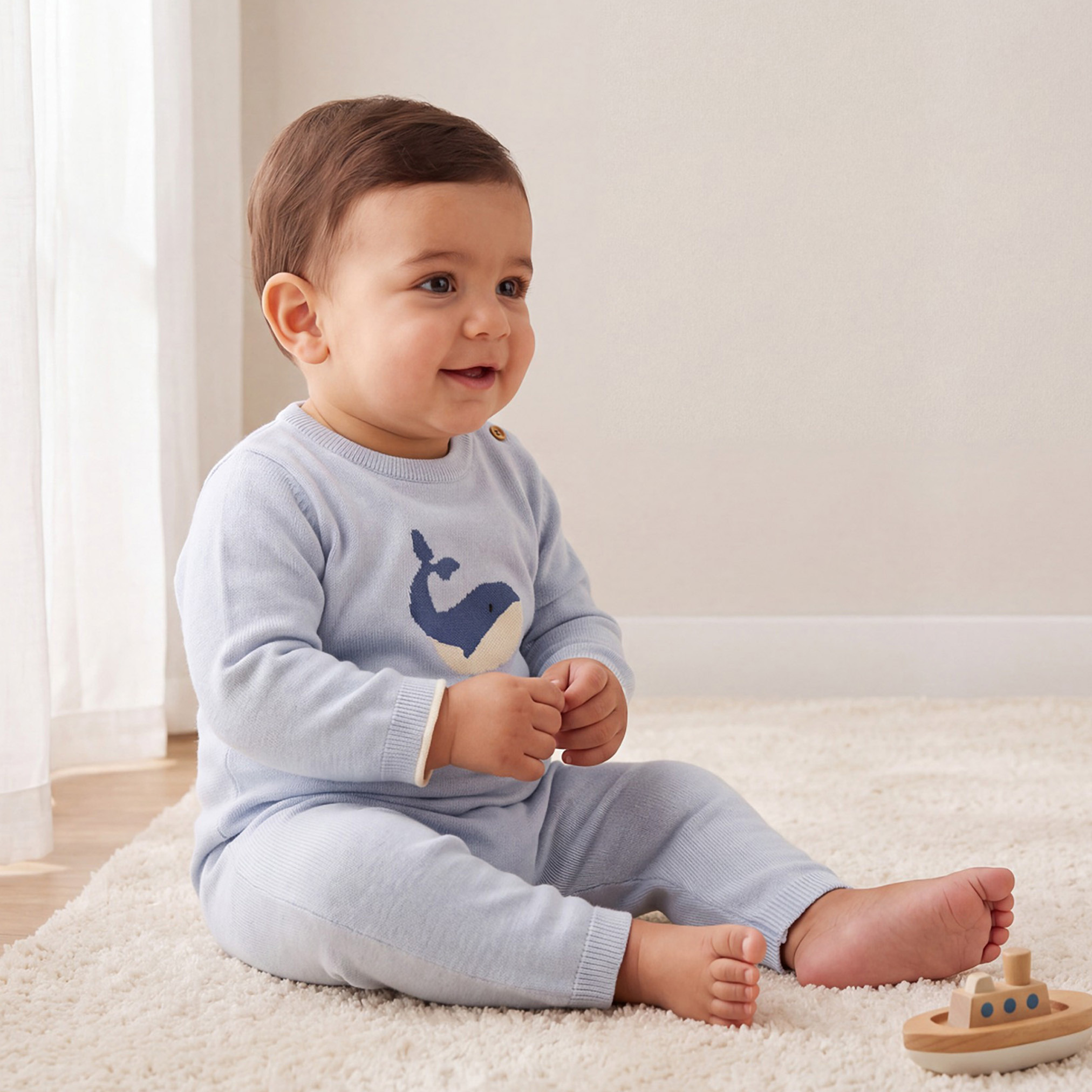 بدلة نوم قطن بطبعات حوت وياقة مستديرة وأكمام طويلة من جونيورز-baby-boys-clothing-nightwear-sleepsuits-image-1