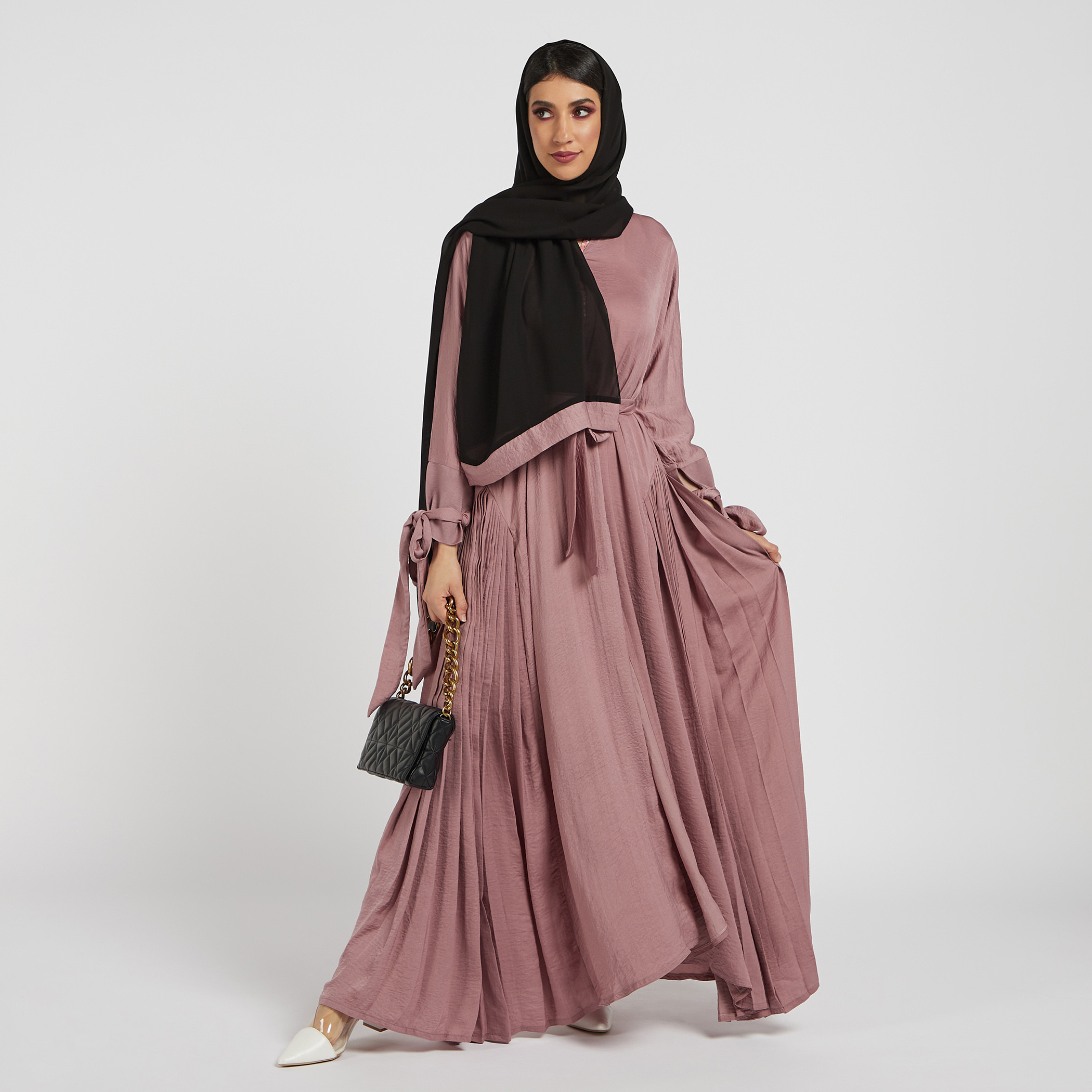 Nukhbaa Solid Abaya with Hijab and Tie-Up Belt-women-arabicclothing-abayas-image-1