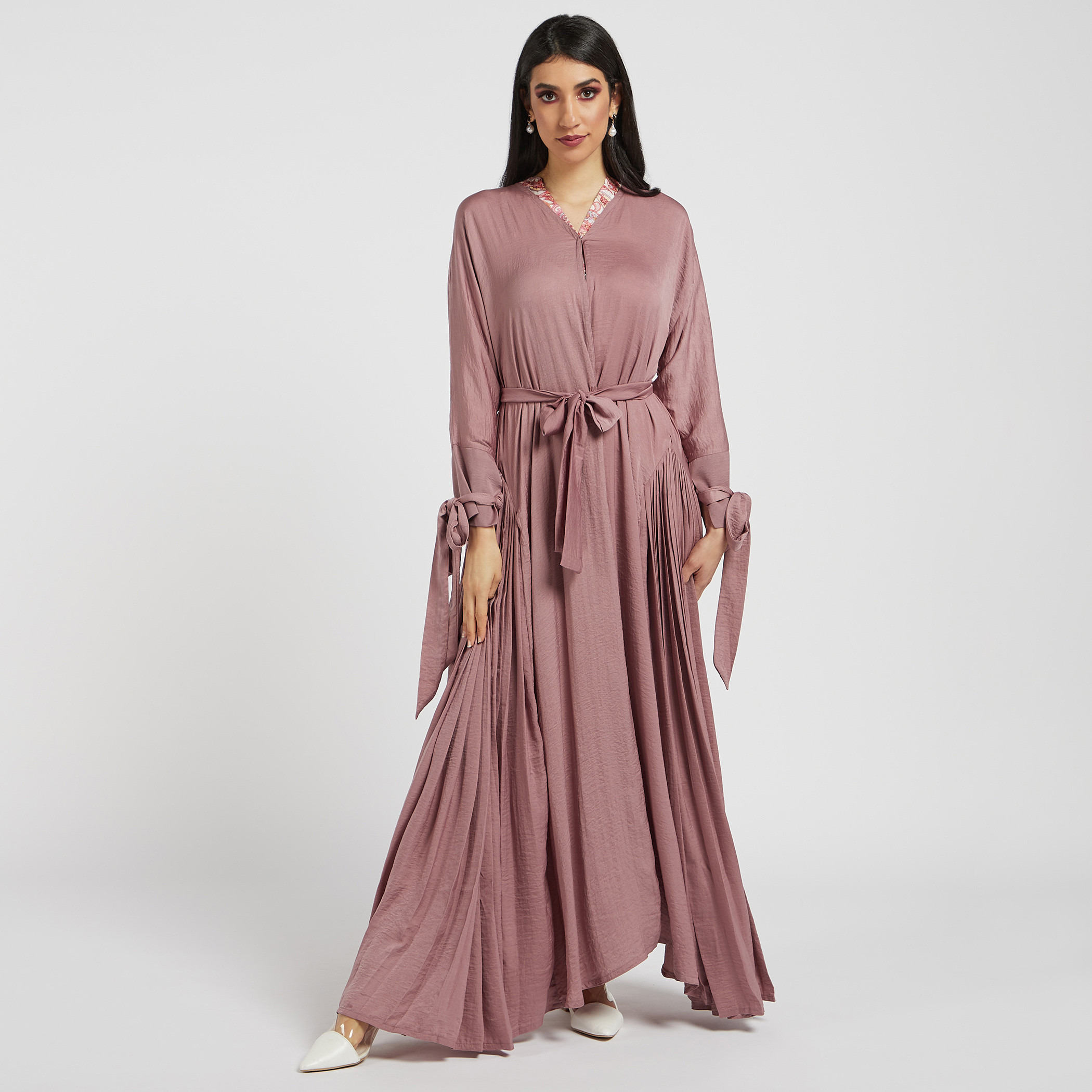 Nukhbaa Solid Abaya with Hijab and Tie-Up Belt-women-arabicclothing-abayas-image-2