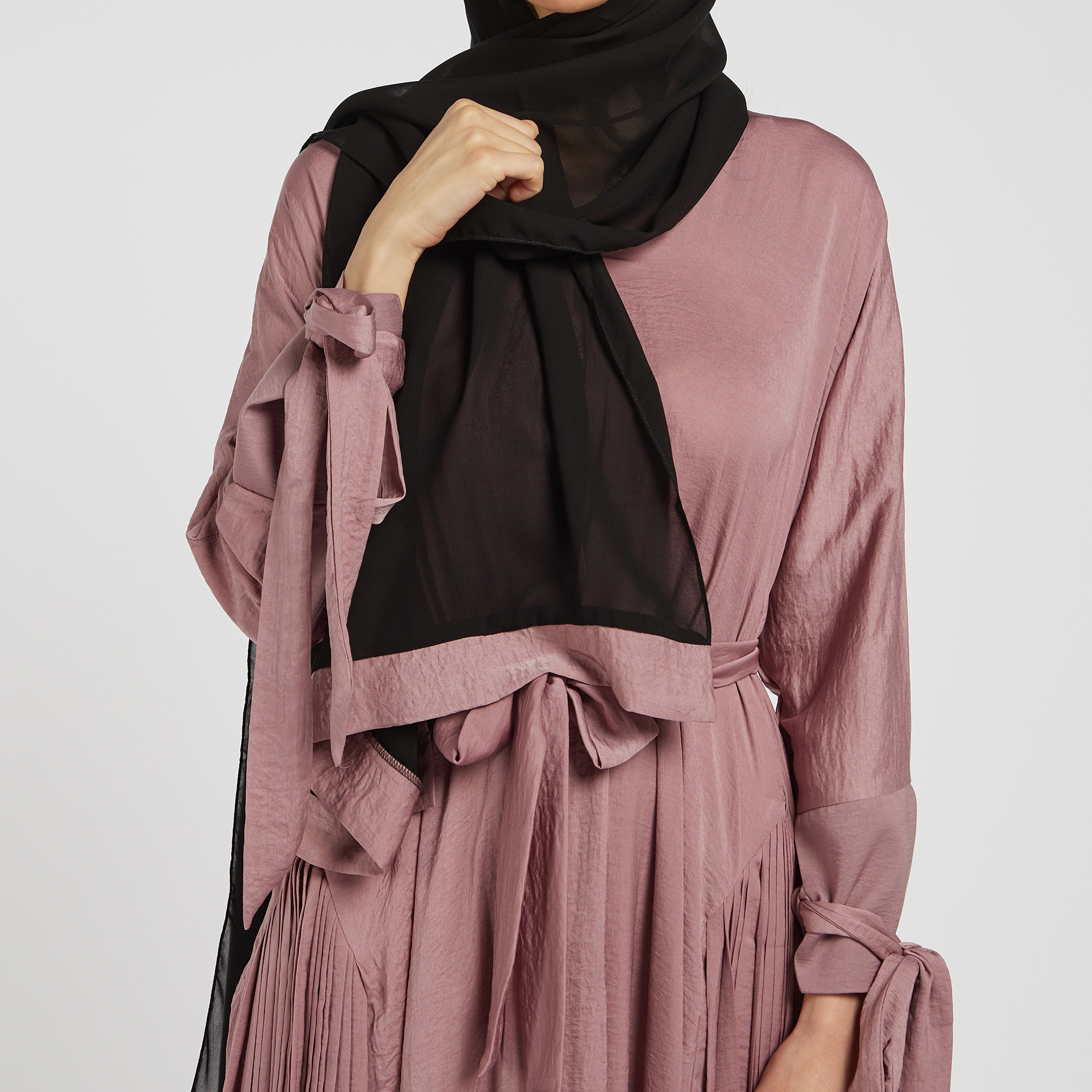 Nukhbaa Solid Abaya with Hijab and Tie-Up Belt-women-arabicclothing-abayas-image-3
