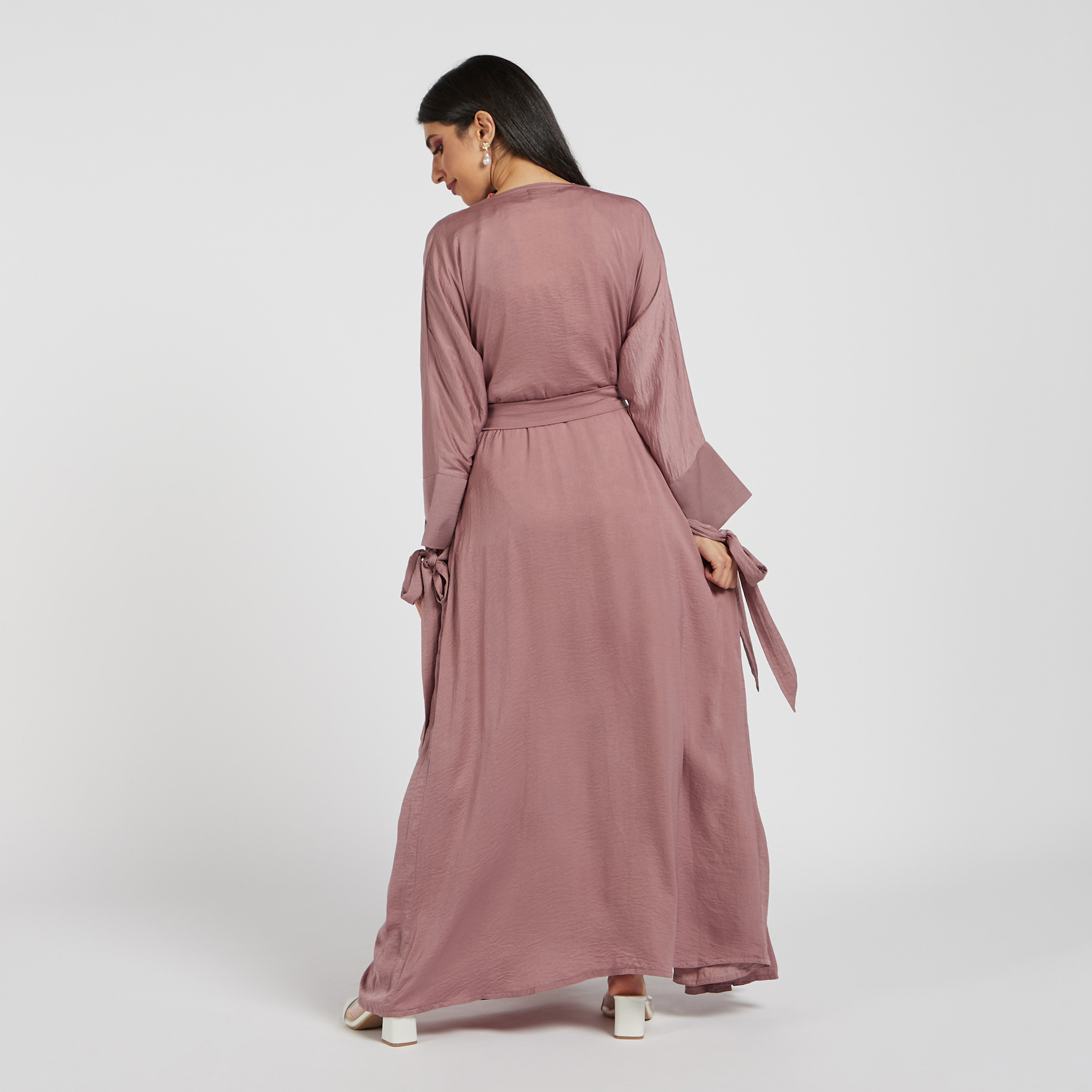 Nukhbaa Solid Abaya with Hijab and Tie-Up Belt-women-arabicclothing-abayas-image-4