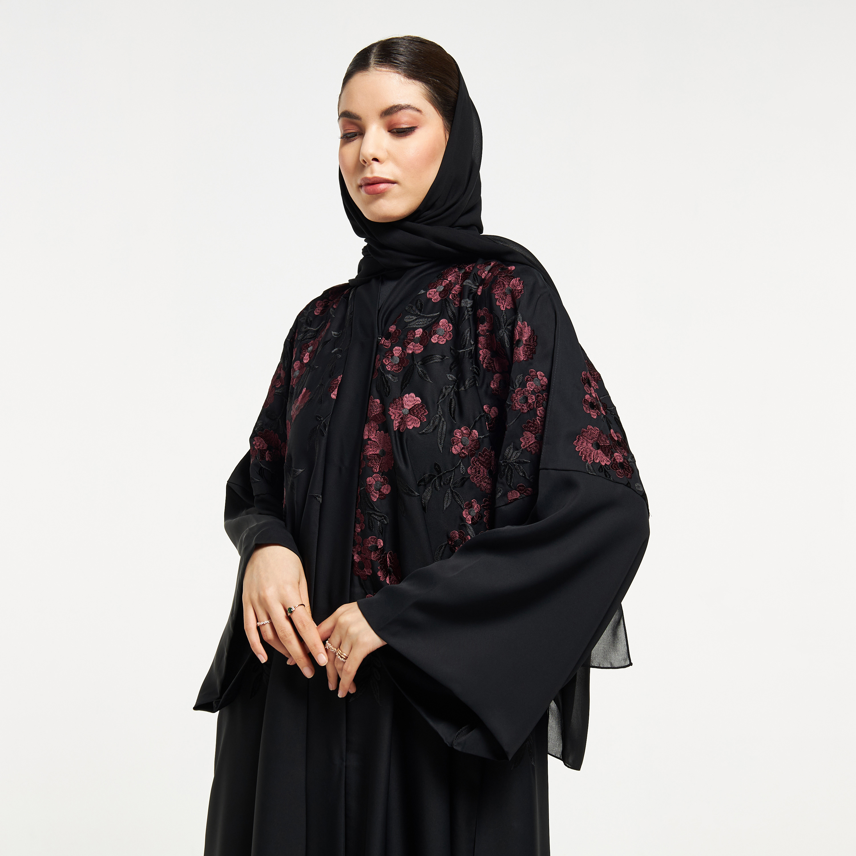 Nukhbaa Floral Embroidered Belted Abaya with Hijab-women-arabicclothing-abayas-image-2