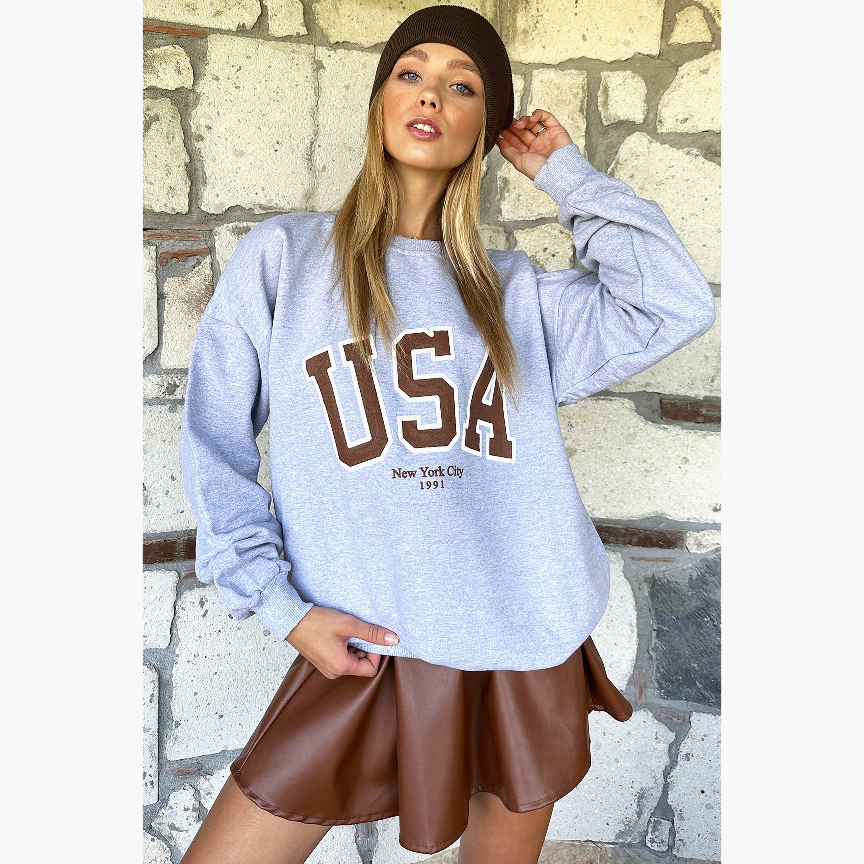 Trend Alacati Stili Graphic Print Dropped Sleeves Grey Women's Sweatshirt-women-clothing-hoodiesandsweatshirts-sweatshirts-image-1