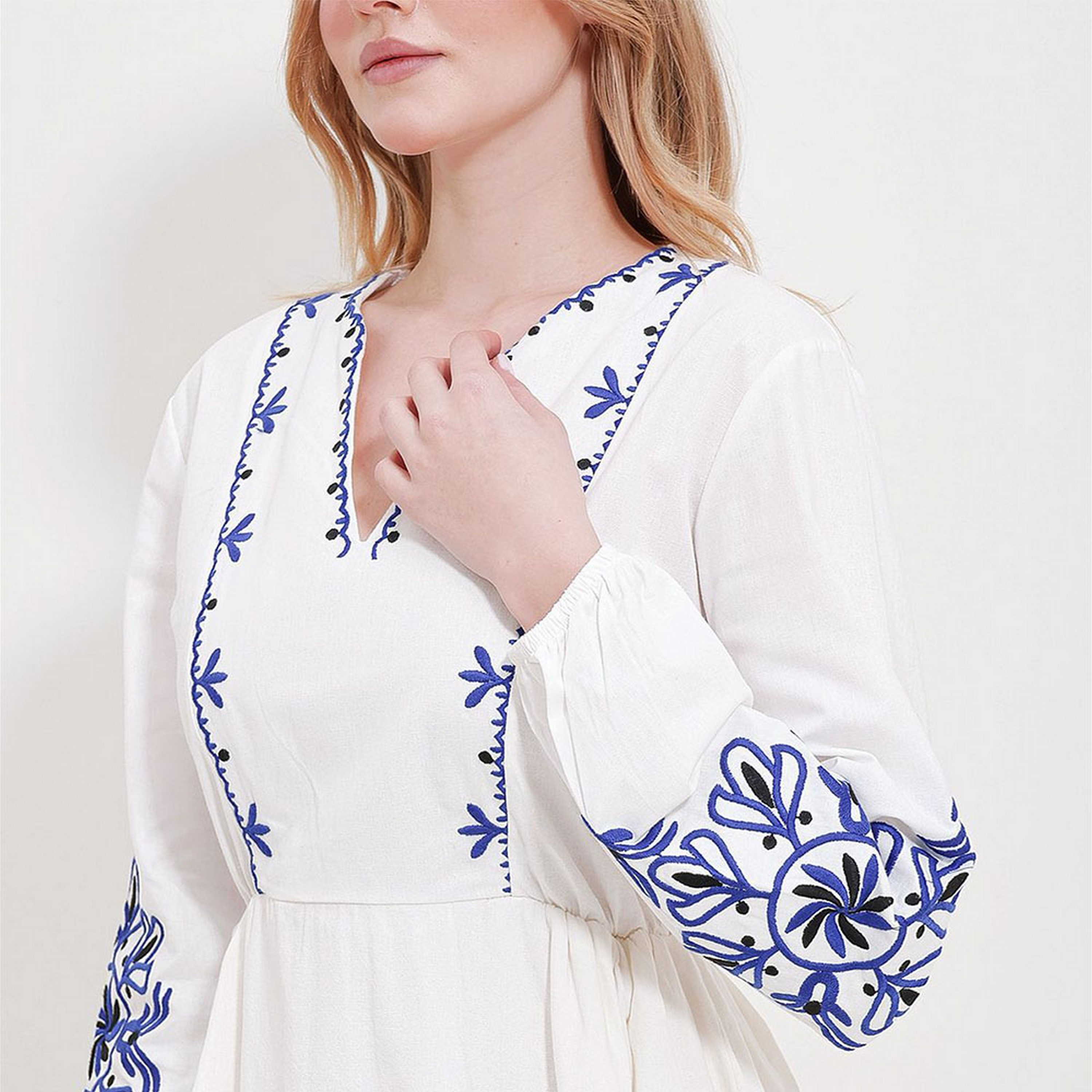 Trend Alacati Stili Embroidered Linen Balloon Sleeves White Women's Midi Dress-women-clothing-dresses-image-4