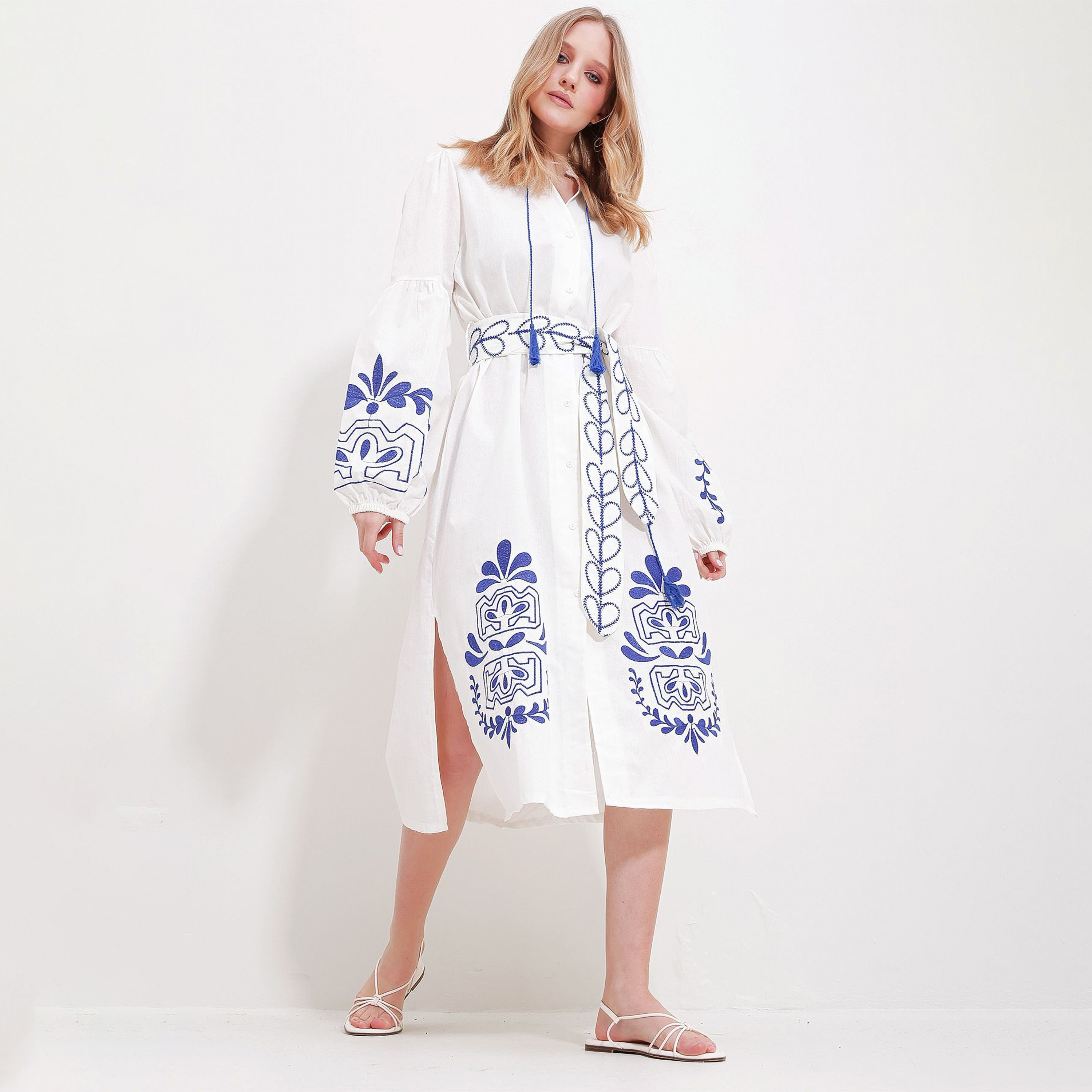 Trend Alacati Stili Embroidered Linen Mandarin Collar Balloon Sleeves Slit White Women's Midi Dress-women-clothing-dresses-image-2