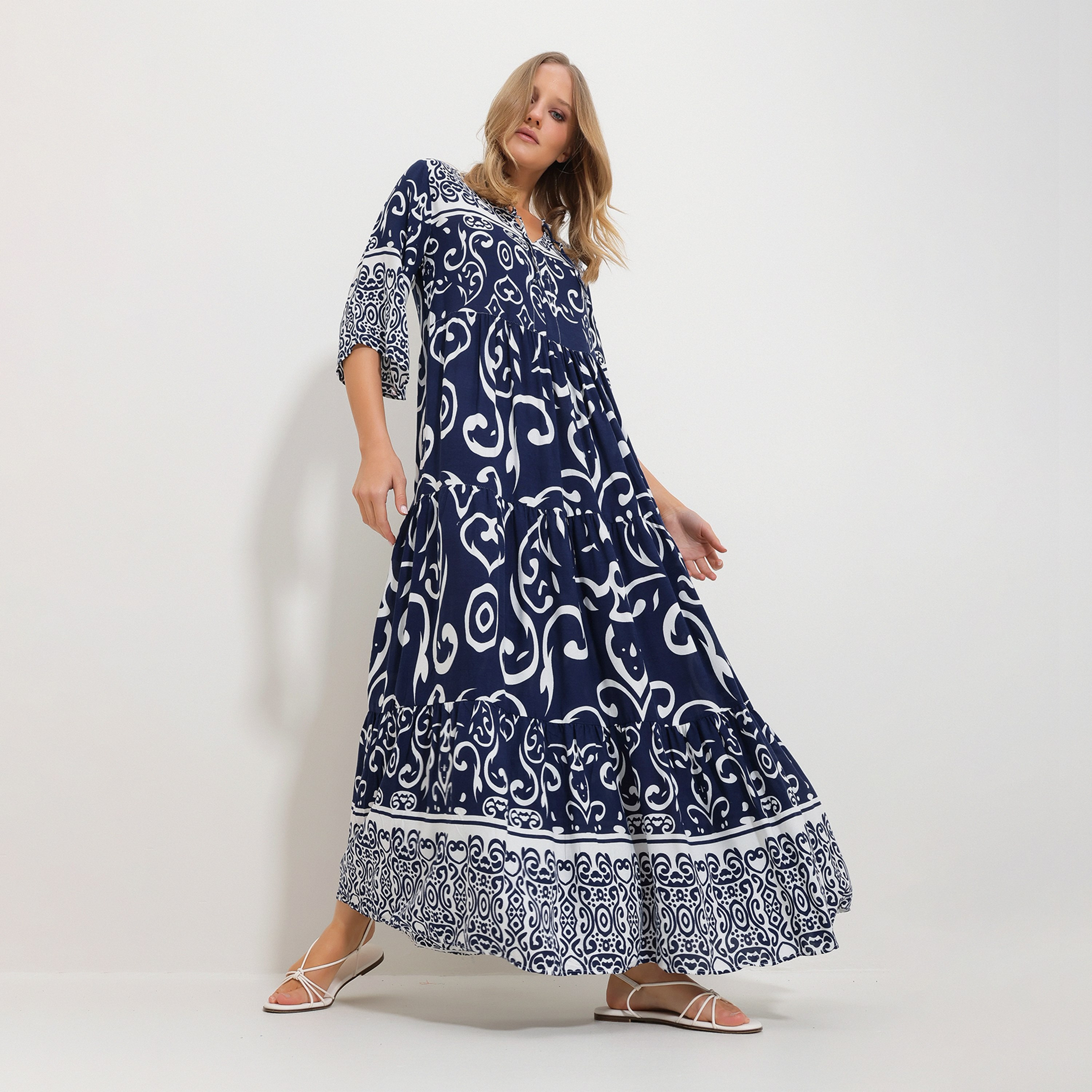 Trend Alacati Stili Abstract Geometric Mandarin Collar Tiered Navy Women's Maxi Dress-women-clothing-dresses-image-1