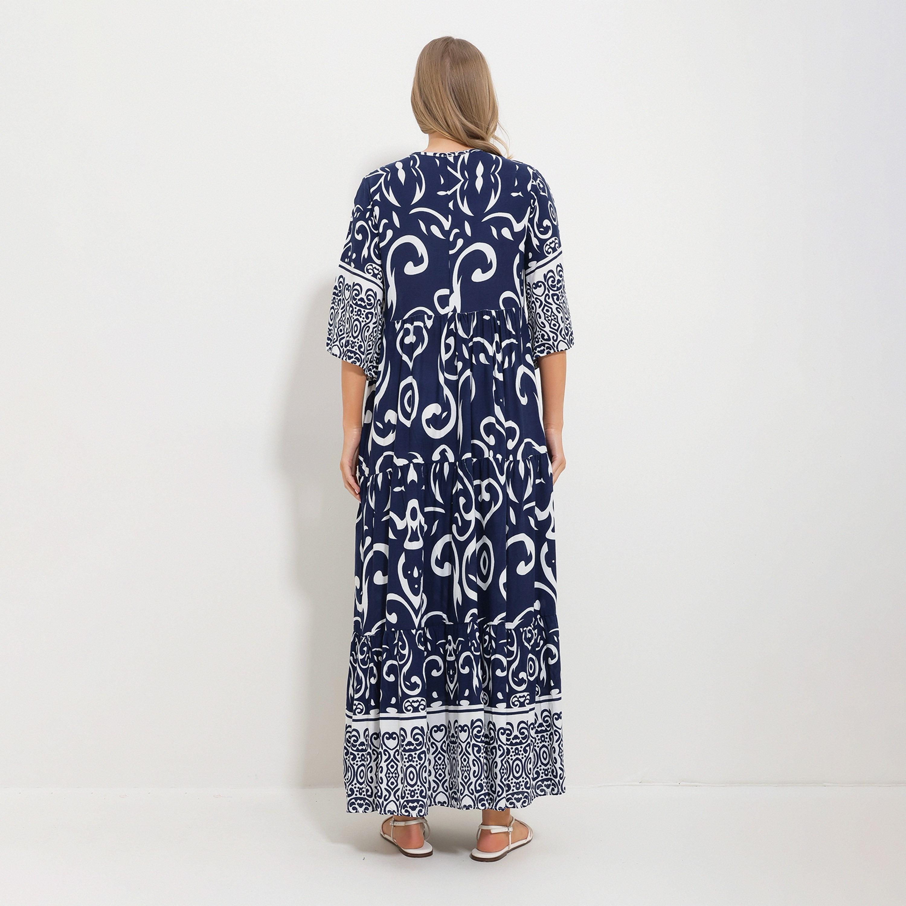 Trend Alacati Stili Abstract Geometric Mandarin Collar Tiered Navy Women's Maxi Dress-women-clothing-dresses-image-3