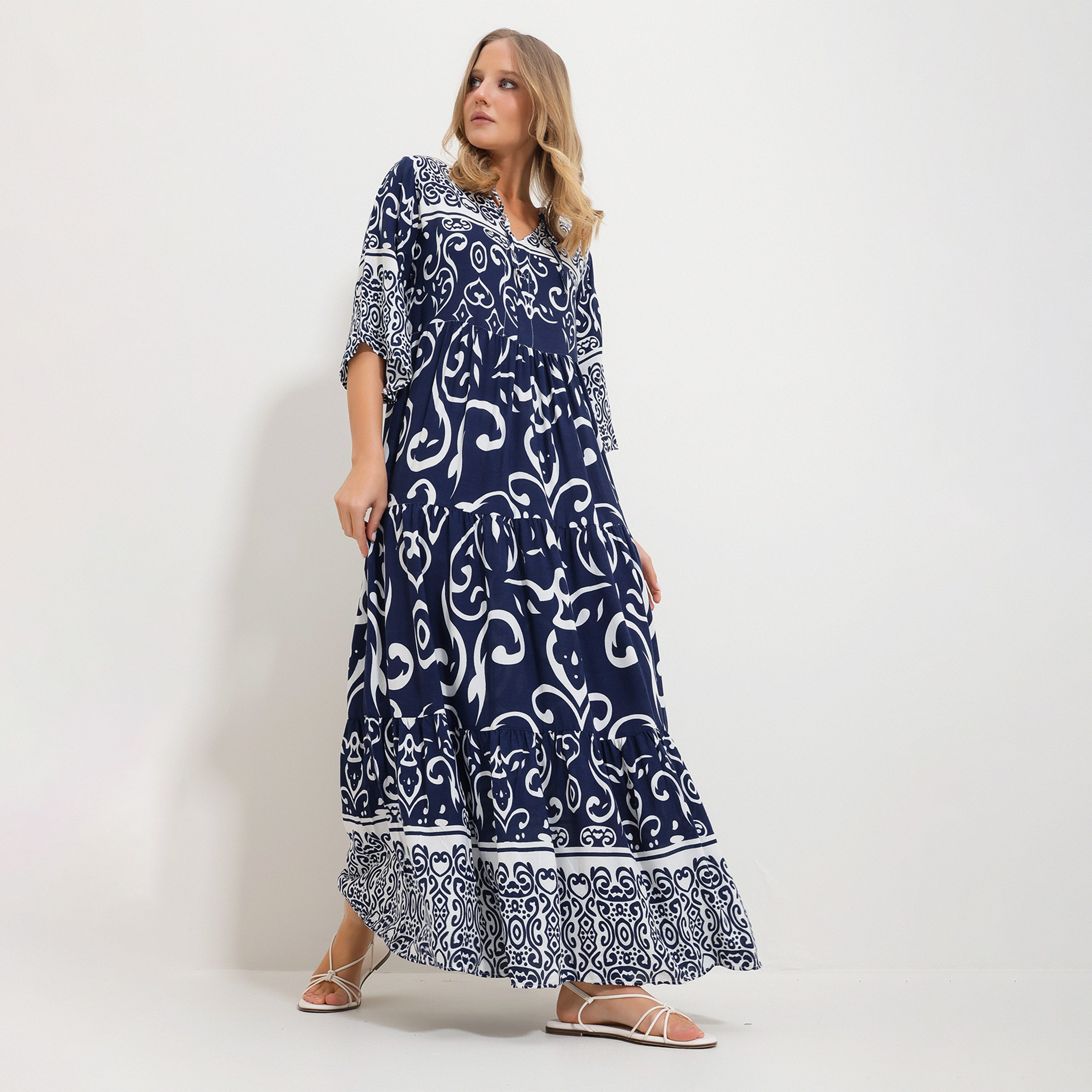 Trend Alacati Stili Abstract Geometric Mandarin Collar Tiered Navy Women's Maxi Dress-women-clothing-dresses-image-4