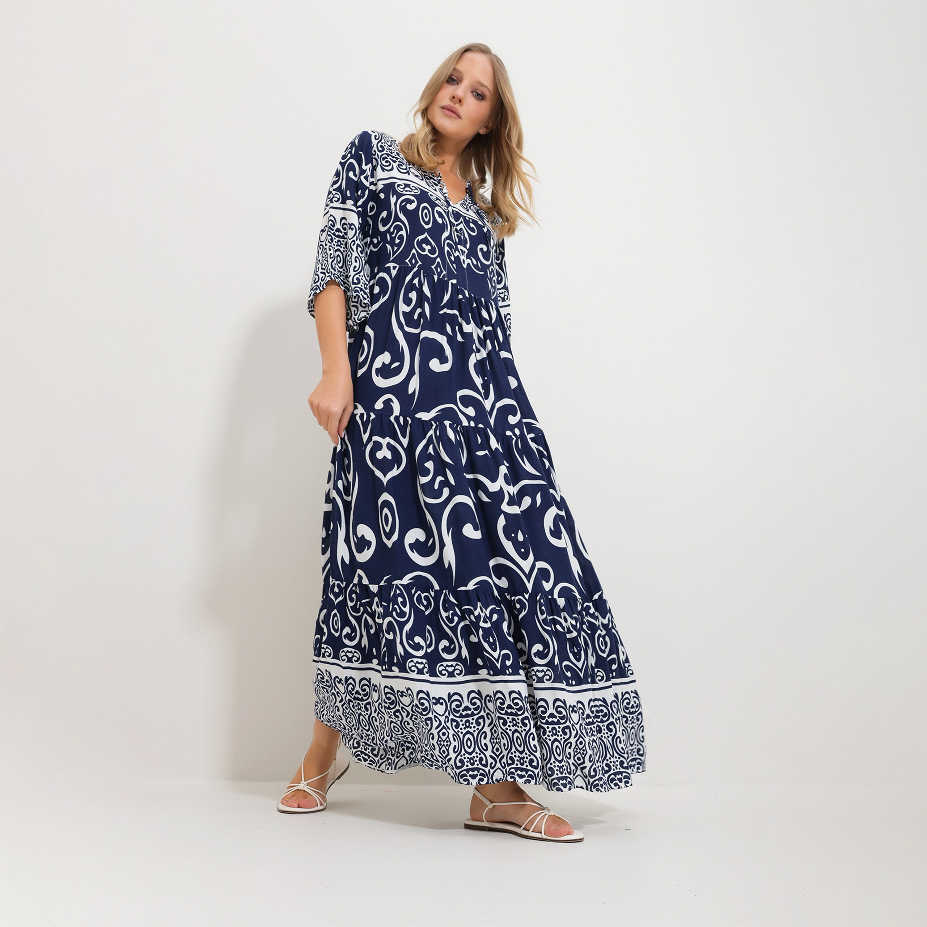 Trend Alacati Stili Abstract Geometric Mandarin Collar Tiered Navy Women's Maxi Dress-women-clothing-dresses-image-5