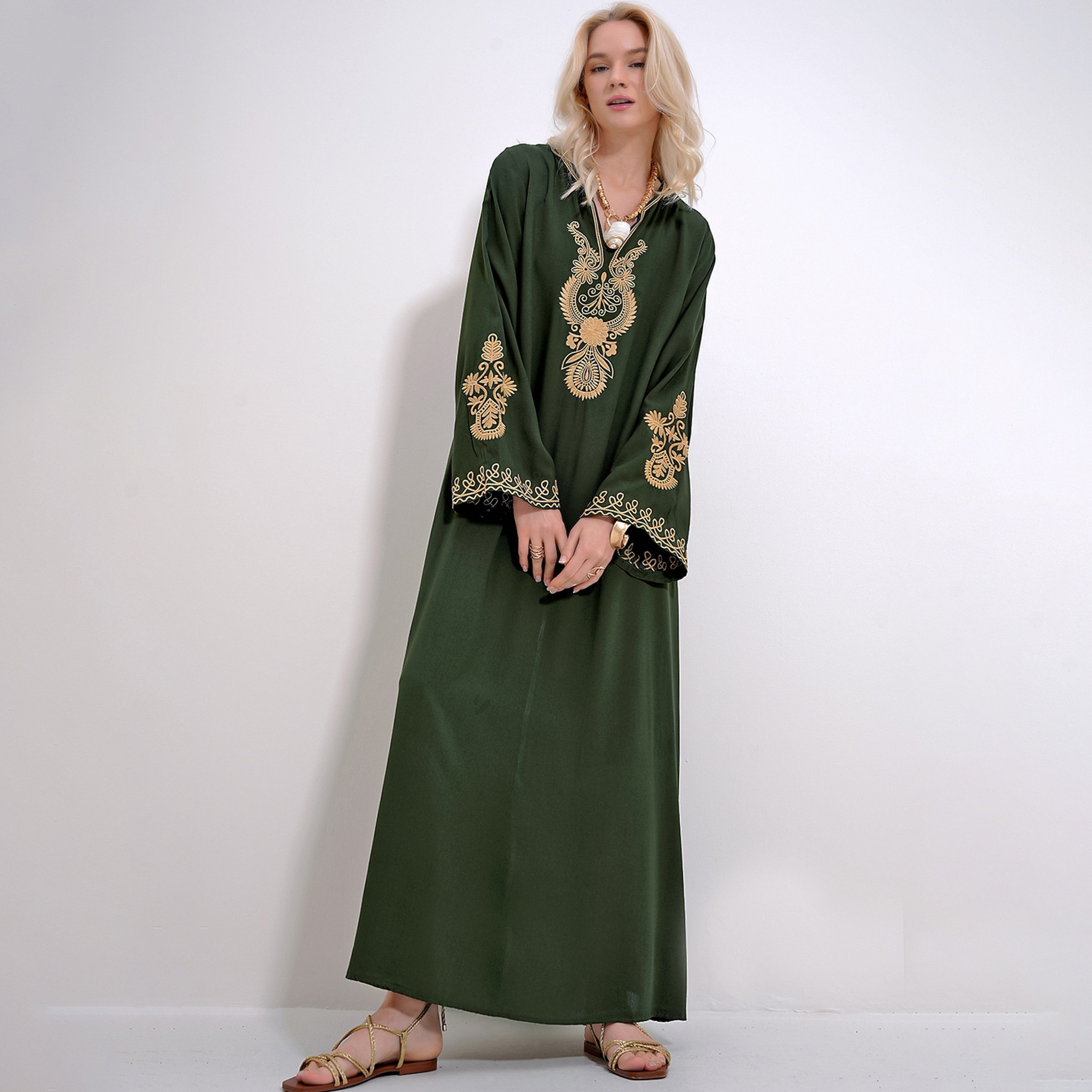 تريند ألاجاتي ستايل فستان ماكسي نسائي أخضر مطرّز بأكمام واسعة-women-clothing-dresses-image-1