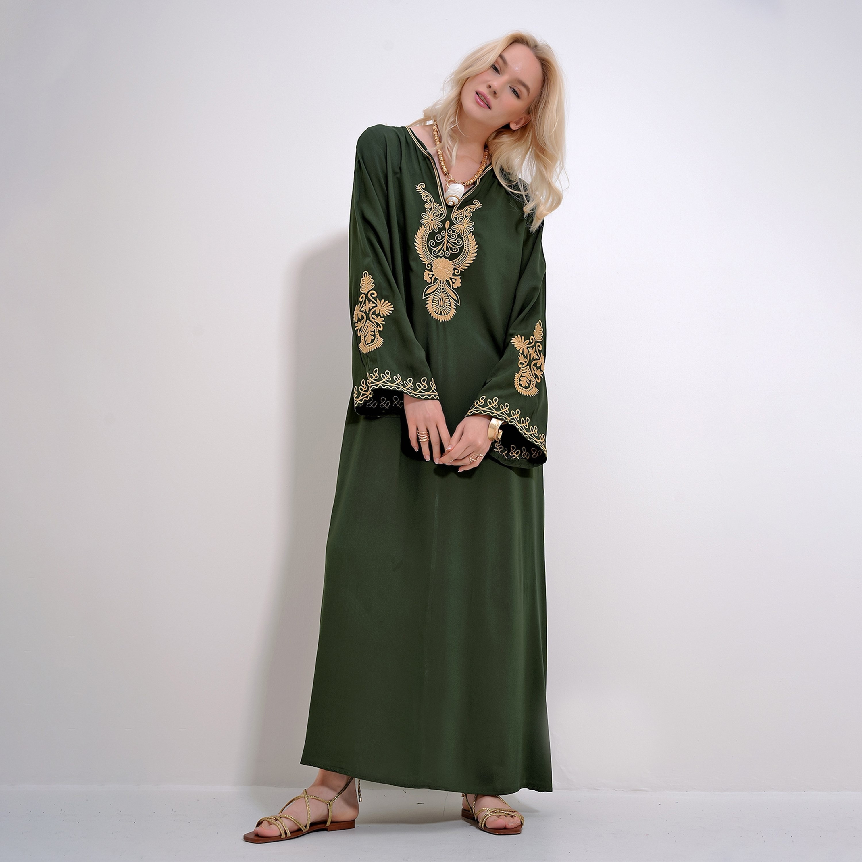 تريند ألاجاتي ستايل فستان ماكسي نسائي أخضر مطرّز بأكمام واسعة-women-clothing-dresses-image-2