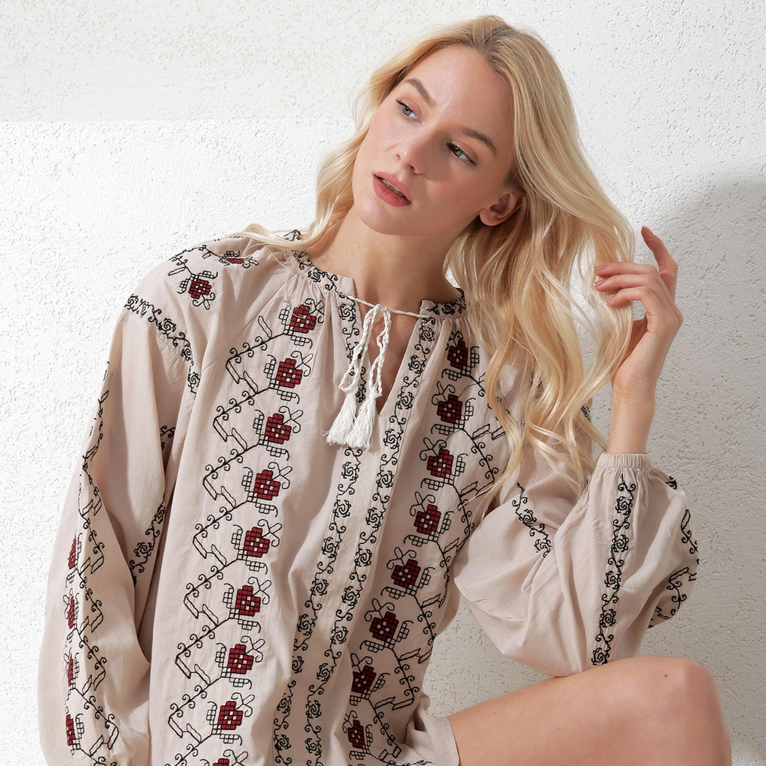 Trend Alacati Stili Embroidered Slit Neck Elasticated Sleeves Beige Women's Peasant Blouse-women-clothing-shirtsandblouses-blouses-image-2