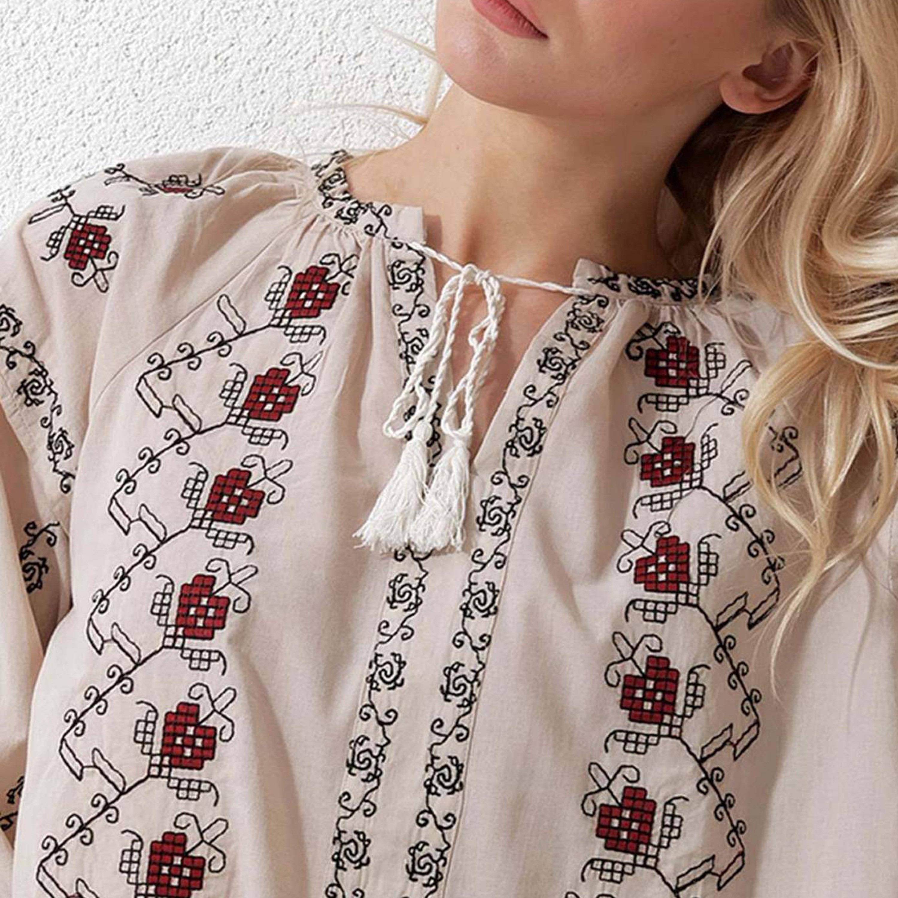 Trend Alacati Stili Embroidered Slit Neck Elasticated Sleeves Beige Women's Peasant Blouse-women-clothing-shirtsandblouses-blouses-image-4