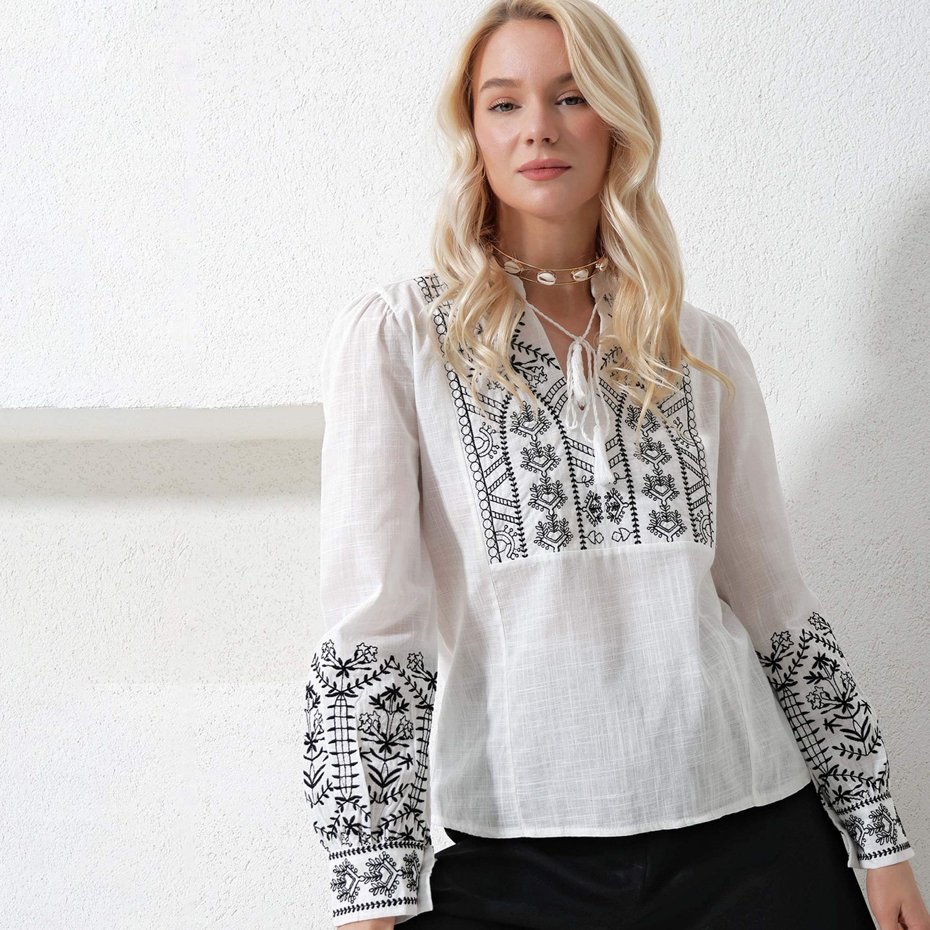 Trend Alacati Stili Embroidered & Tassel Detailed Linen Cuffed Sleeves White Women's Blouse-women-clothing-shirtsandblouses-blouses-image-2