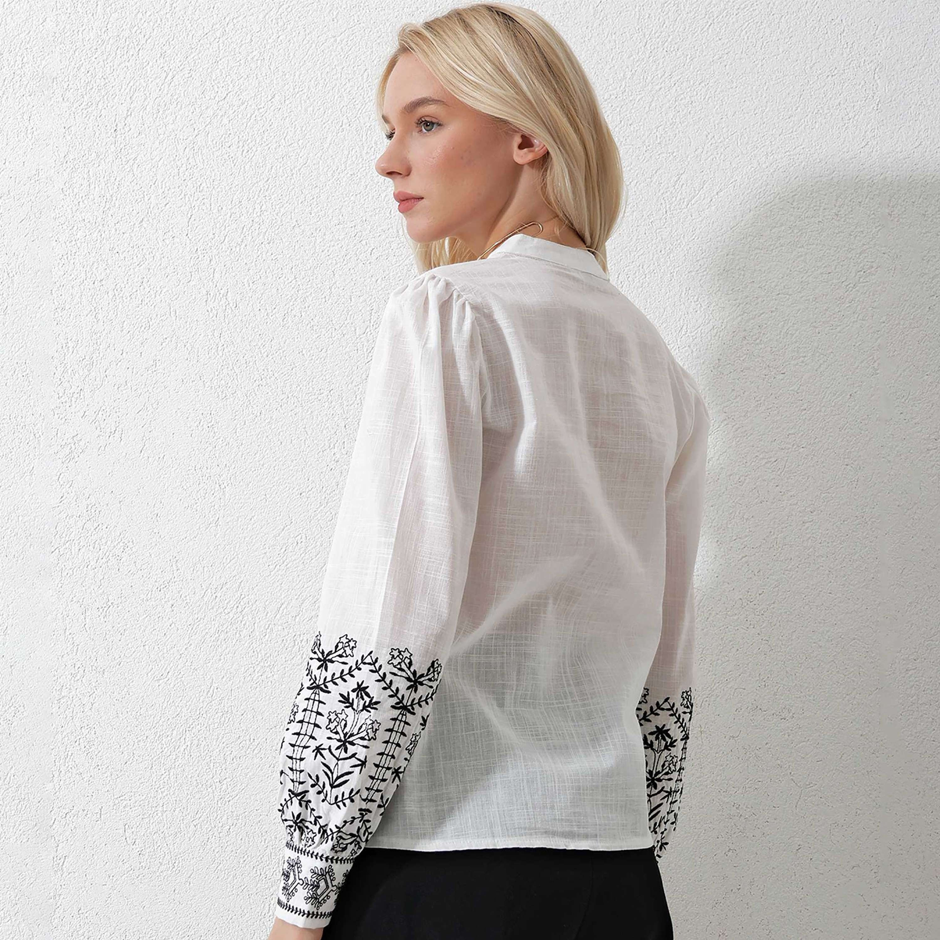 Trend Alacati Stili Embroidered & Tassel Detailed Linen Cuffed Sleeves White Women's Blouse-women-clothing-shirtsandblouses-blouses-image-3