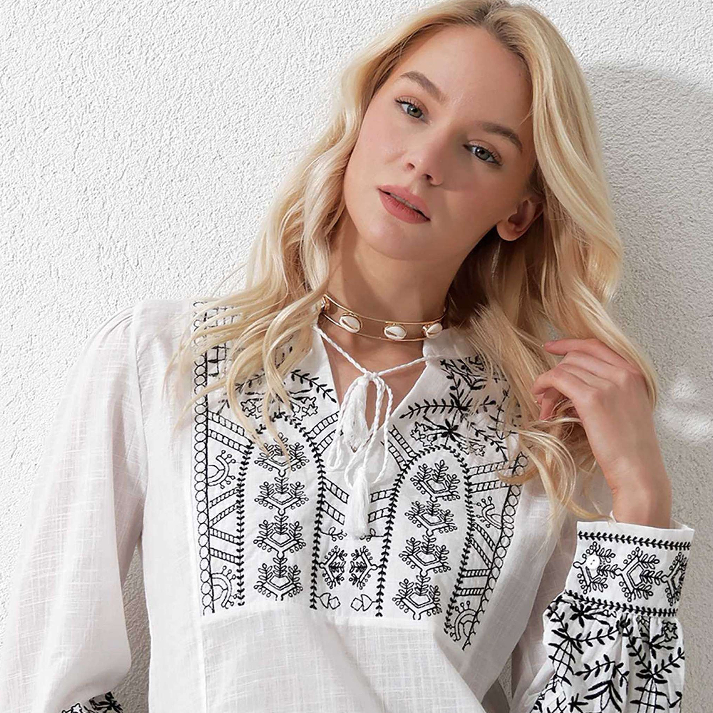 Trend Alacati Stili Embroidered & Tassel Detailed Linen Cuffed Sleeves White Women's Blouse-women-clothing-shirtsandblouses-blouses-image-4