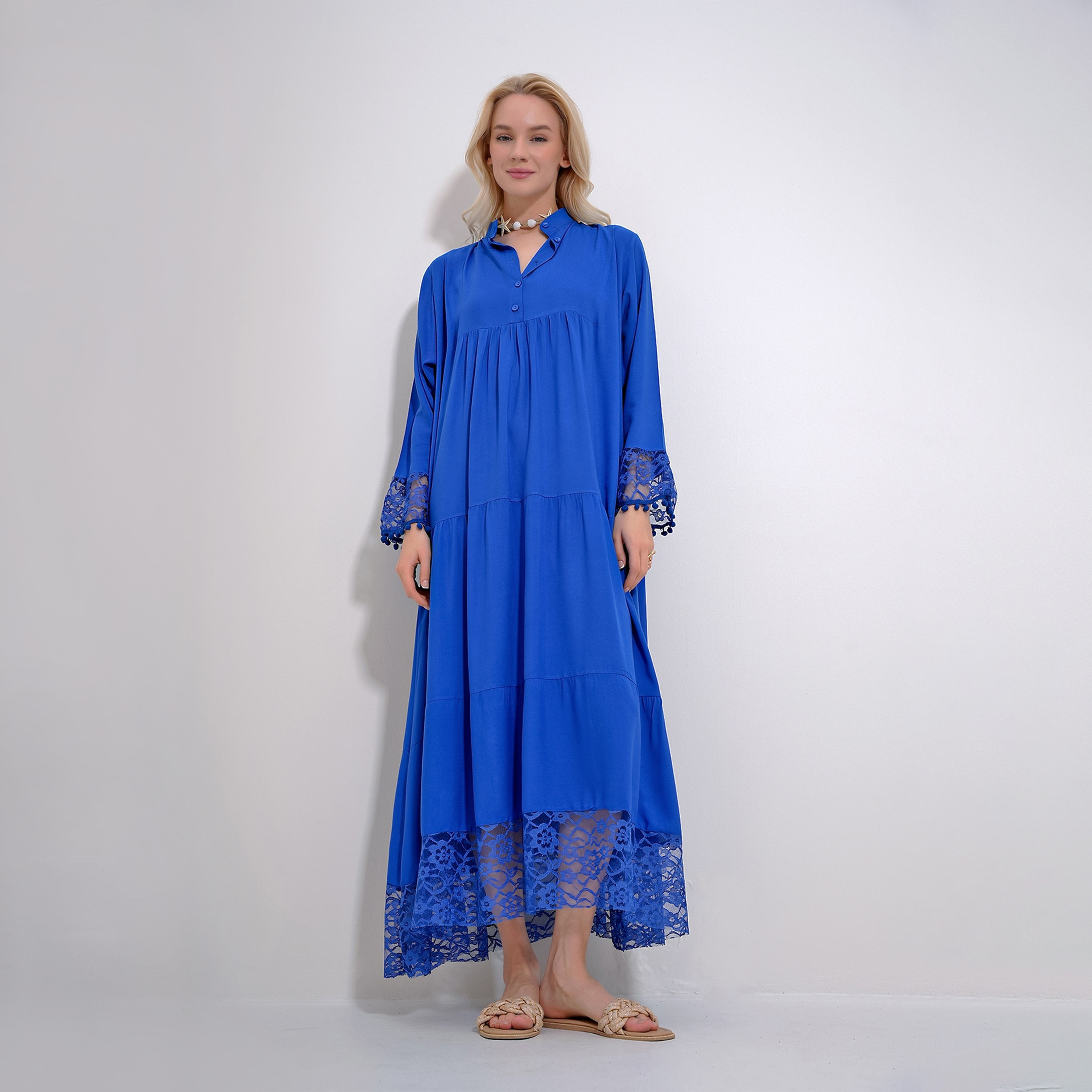 تريند ألاجاتي ستايل فستان ماكسي نسائي بطبقات وياقة شريطية وأكمام دانتيل-women-clothing-dresses-image-1